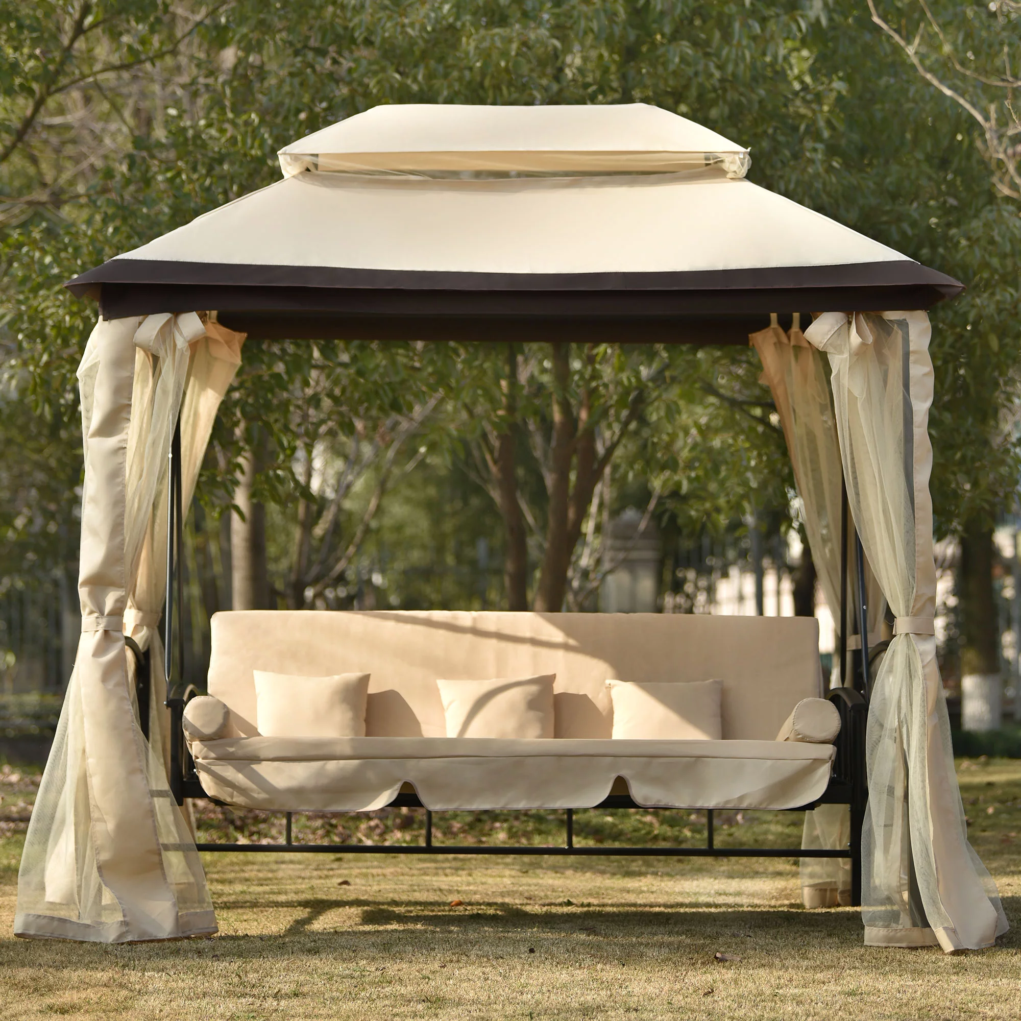 Algherohein Outdoor Canopy Swing Bed, 3 Seat Patio Gazebo Swing Chair for Balconies, Gardens,Beige