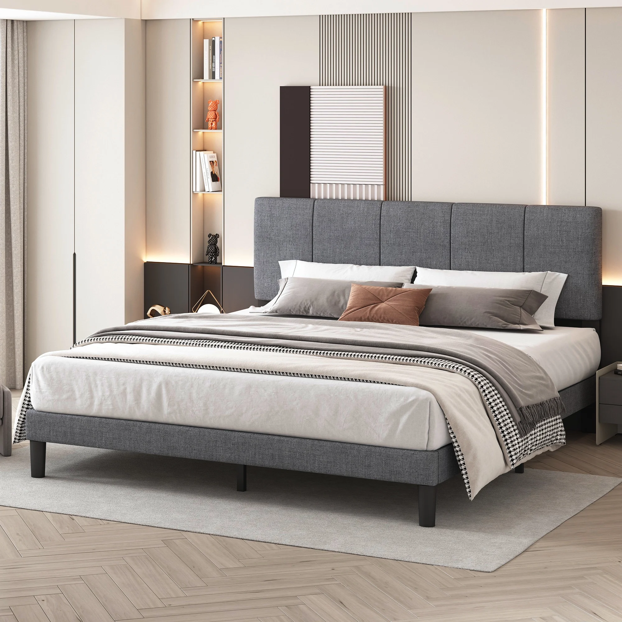 SYNGAR Gray Fabric Upholstered Platform Bed Frame Queen Size with Height Adjustable Headboard, Metal Frame Bedroom Furniture with Strong Wooden Slat Support, No Box Spring Needed, Easy Assembly