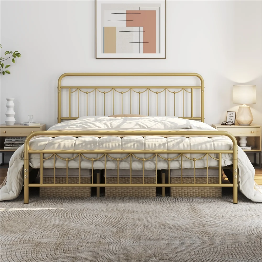 Yaheetech Metal Platform Bed Frame with Headboard and Footboard,California King,Antique Gold