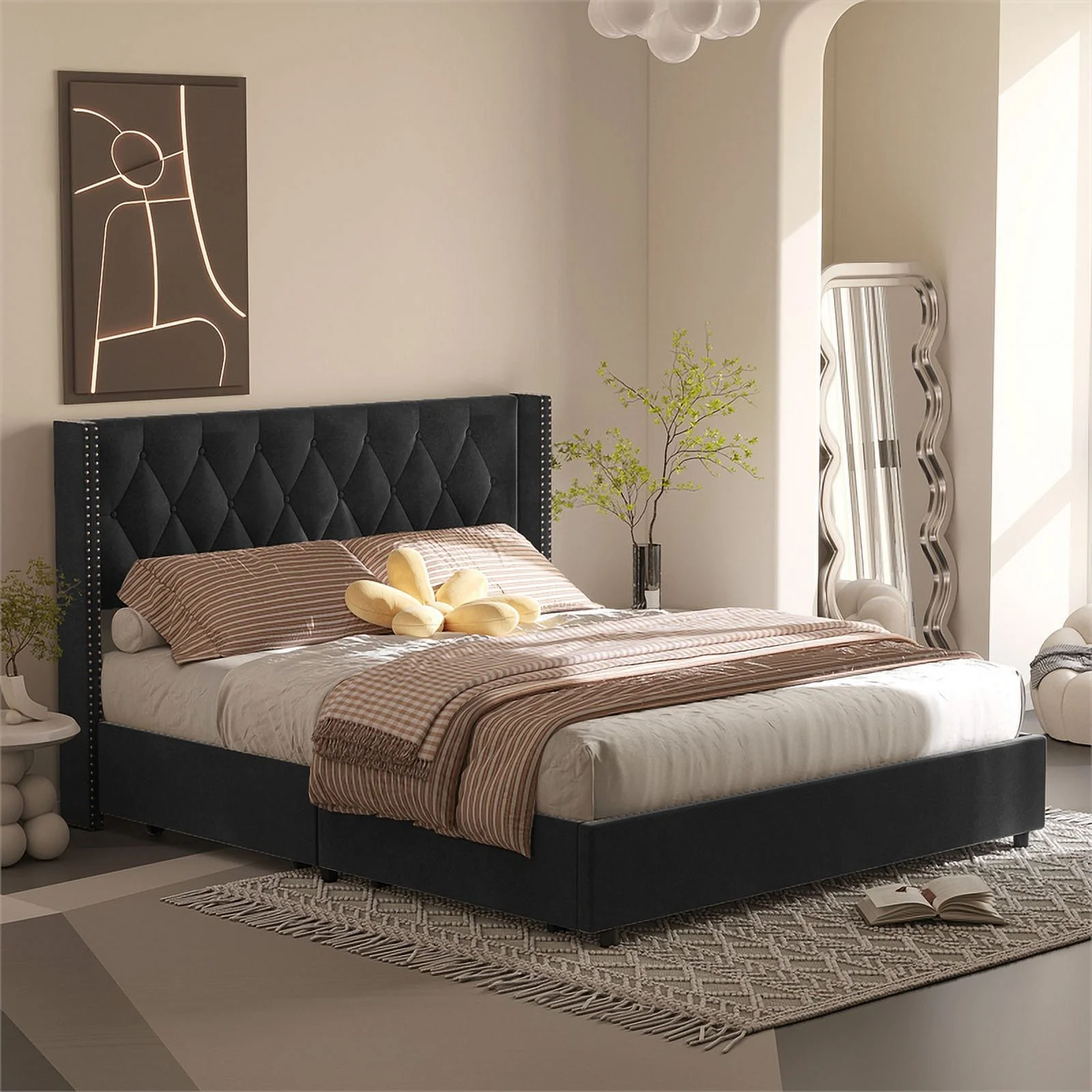 Better Home Products Amelia 4-Drawer Velvet King Size Platform Bed in Black