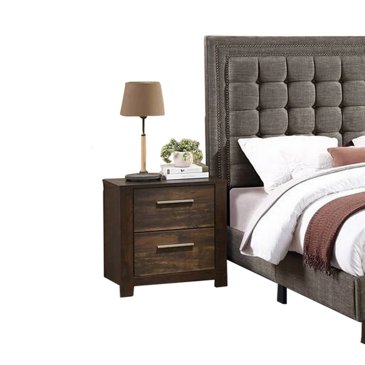 Zofi Modern Full Size Bed Deep Square Tufted Upholstery Taupe Polyester- Saltoro Sherpi