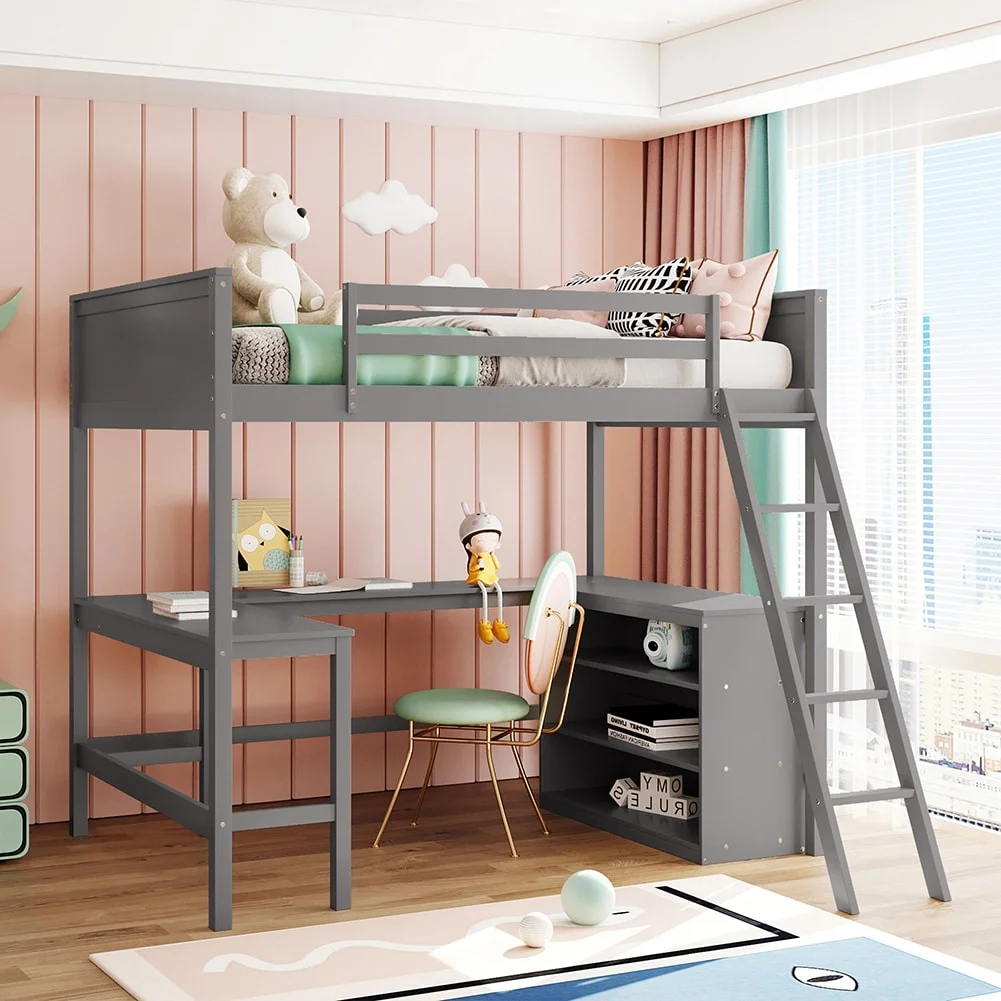 Full Size Multifunctional Loft Bed with Storage Shelves and Desk White