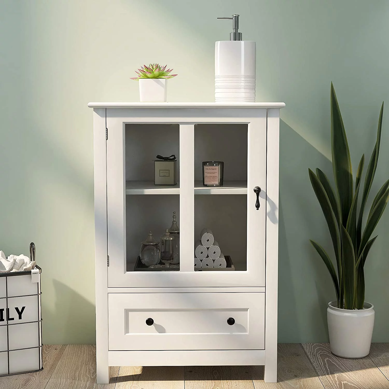AngLink White Buffet Storage Cabinet - Small side cabinets with Single Glass Doors & Unique Bell Handle for Living Room Bedroom Kitchen Dining Room (22inches)