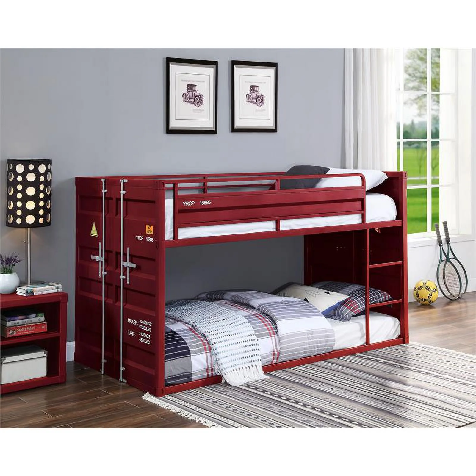 Pemberly Row Cargo Twin Metal Bunk Bed with Ladder and Slat System in Red