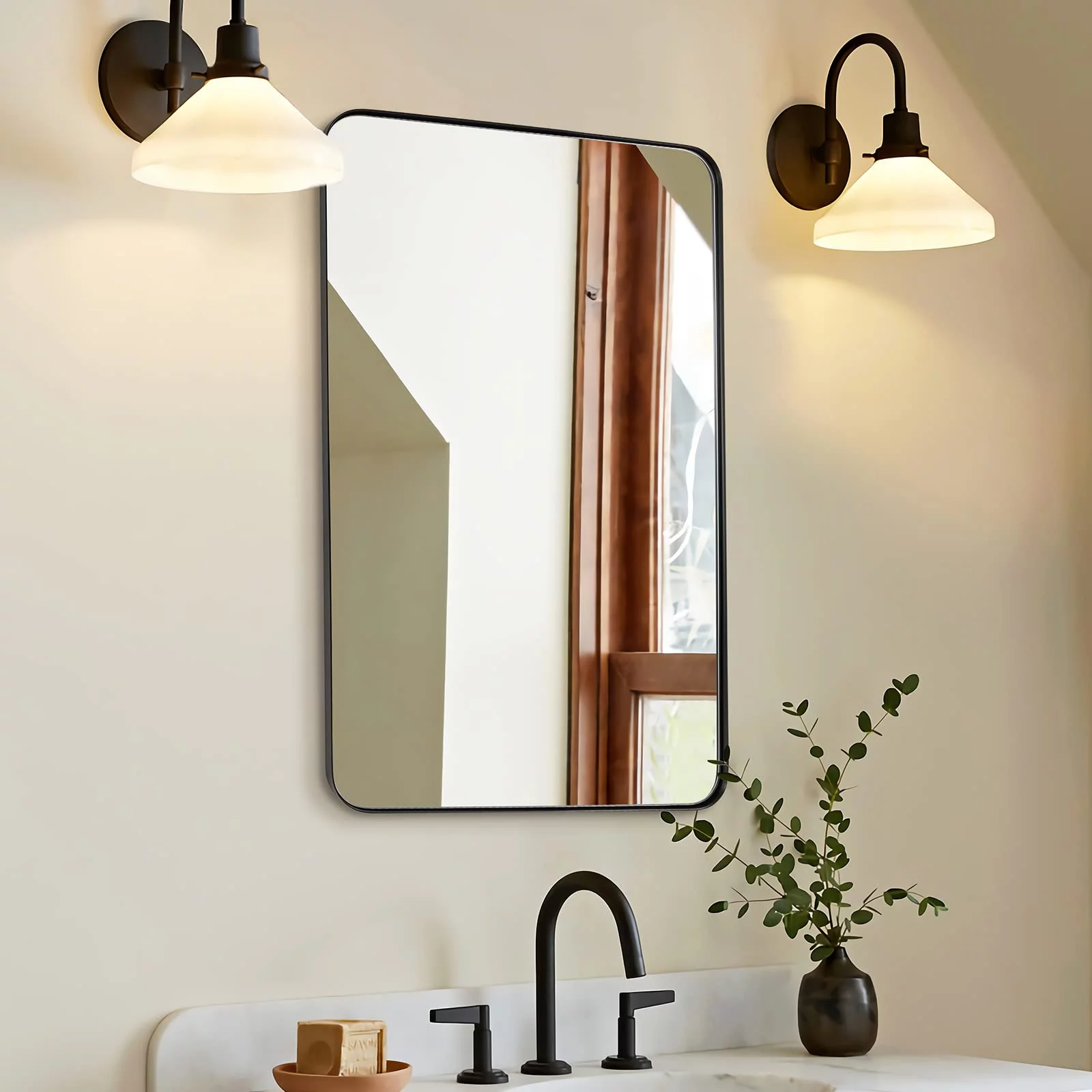 Andy Star Wall Mirror for Bathroom, 22x30 Inch Black Bathroom Mirror, Stainless Steel Metal Frame with Rounded Corner, Rectangle Glass Panel Wall Mounted Mirror Decorative for Bathroom