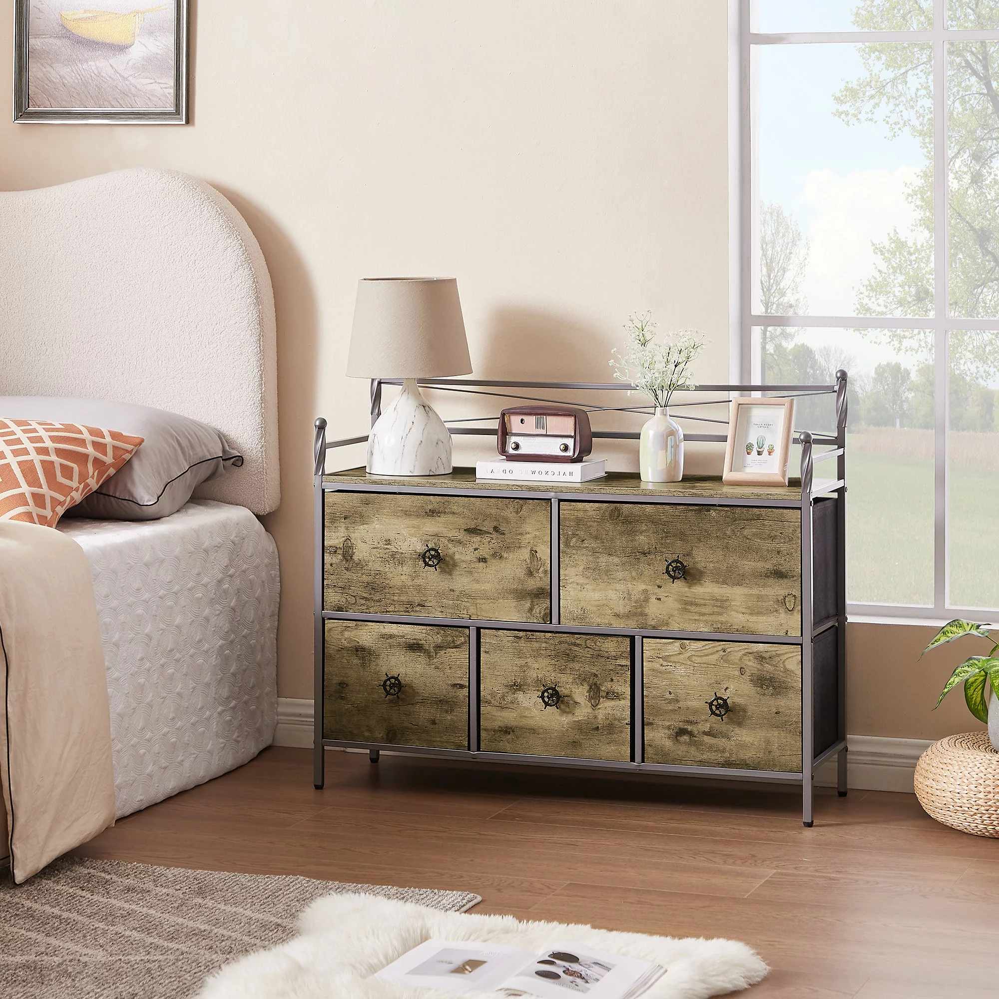 VECELO 5 Drawers Dresser Metal Frame and Wooden Top Floor Storage Cabinets for Living Room, Bedroom, Office, Gray