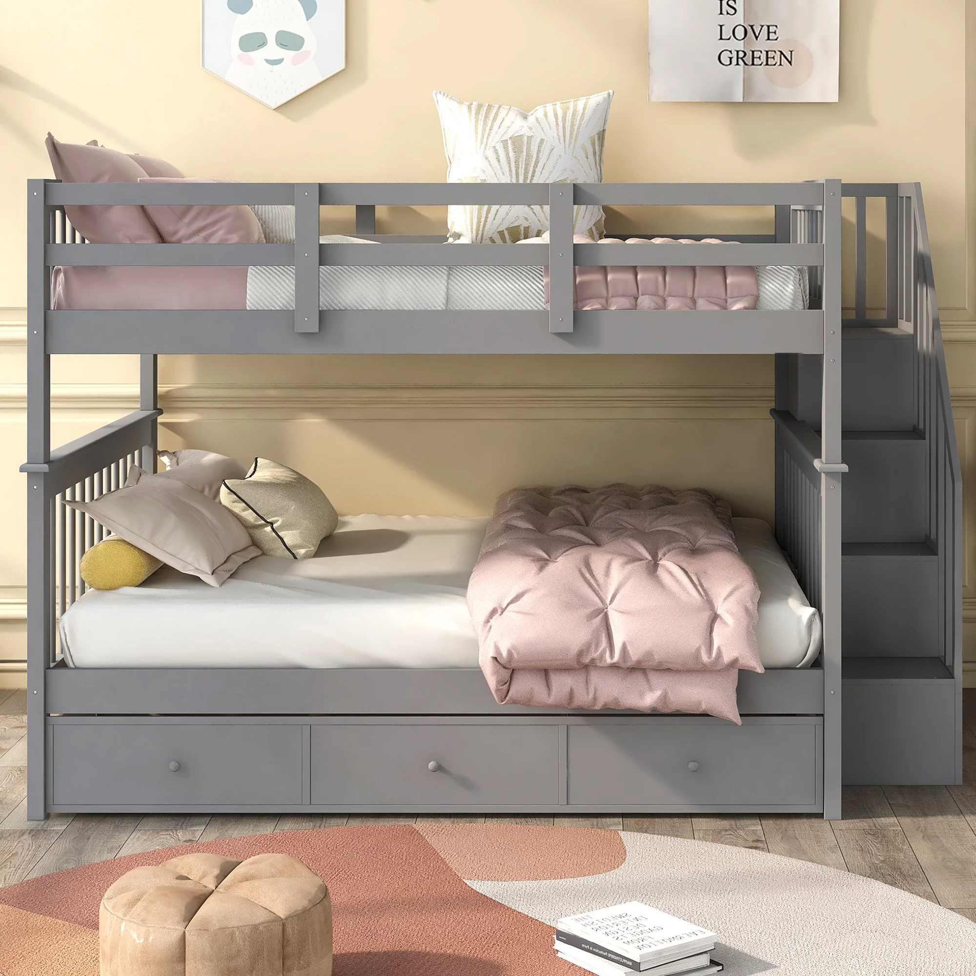CoSoTower Stairway Twin Over Full Bunk Bed with Drawers, Storage Shelf and Guard Rail for Kids