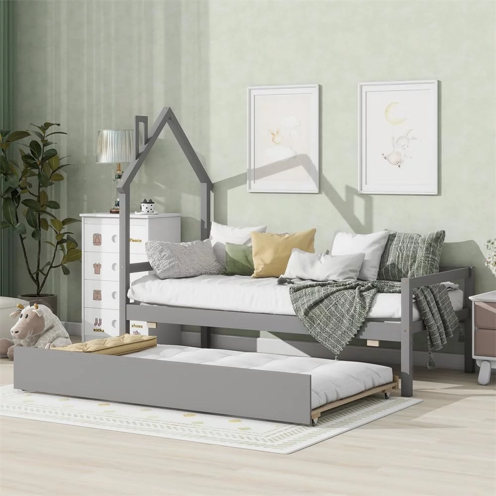 Tabaray Twin Size Daybed with Trundle, Solid Wood House Platform Bed Frame with Guardrails, Roof and Chimney, Space Saving Sofa Bed for Boys Girls Adults,, Gray