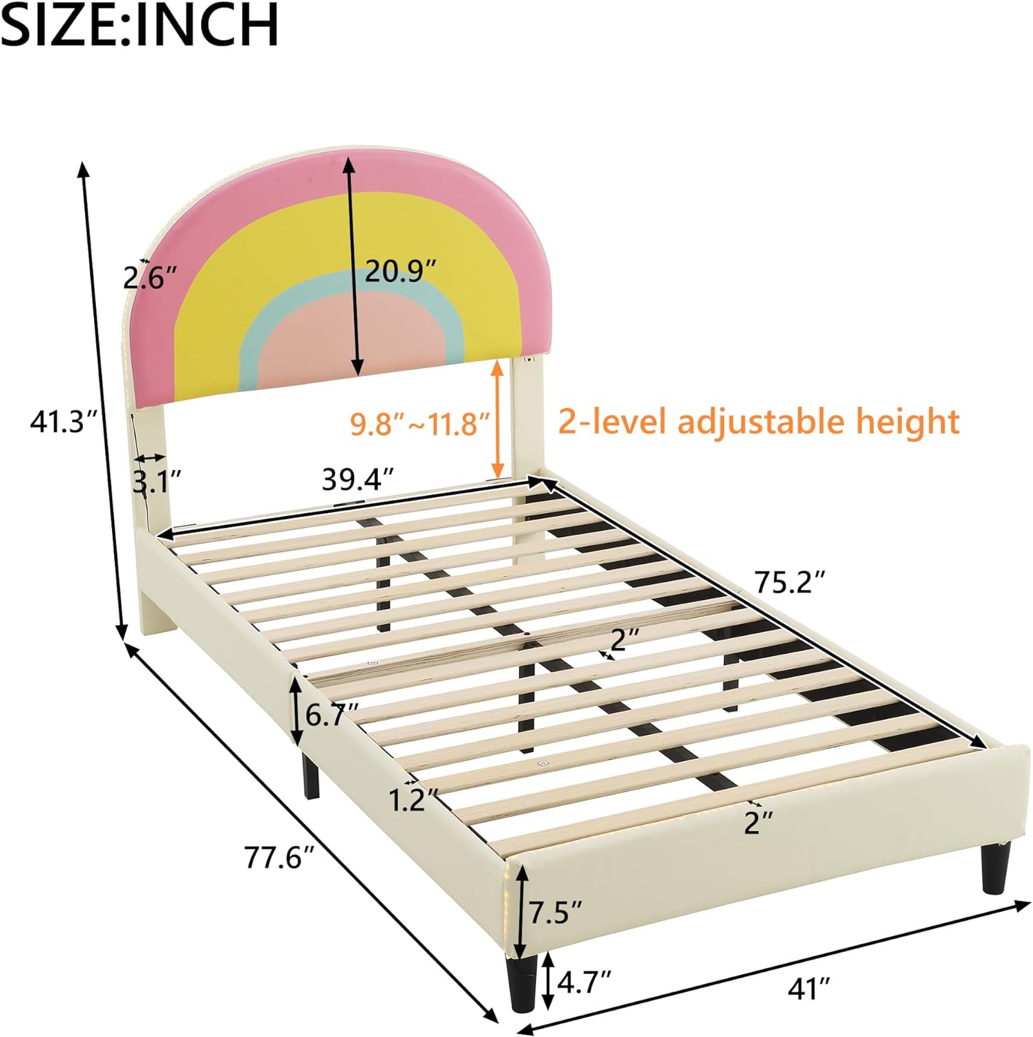 Twin Size Platform Bed with Upholstered Rainbow Headboard-Adjustbale Height, Mattress Foundation for Boys & Girls Bedroom, Wooden Slats Support, No Box Spring Needed