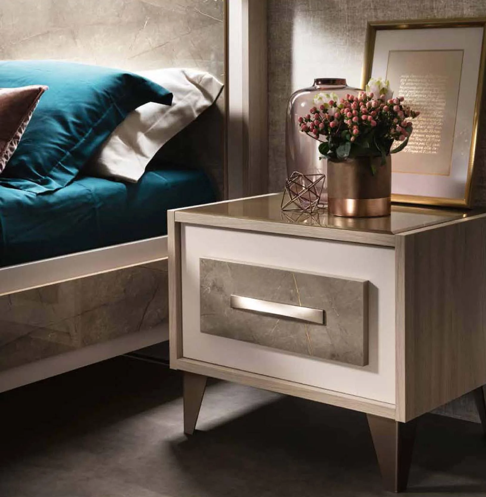 Shiny Gray Marble-finish Top King Bedroom Set 3 ARREDOAMBRA ESF Made in Italy