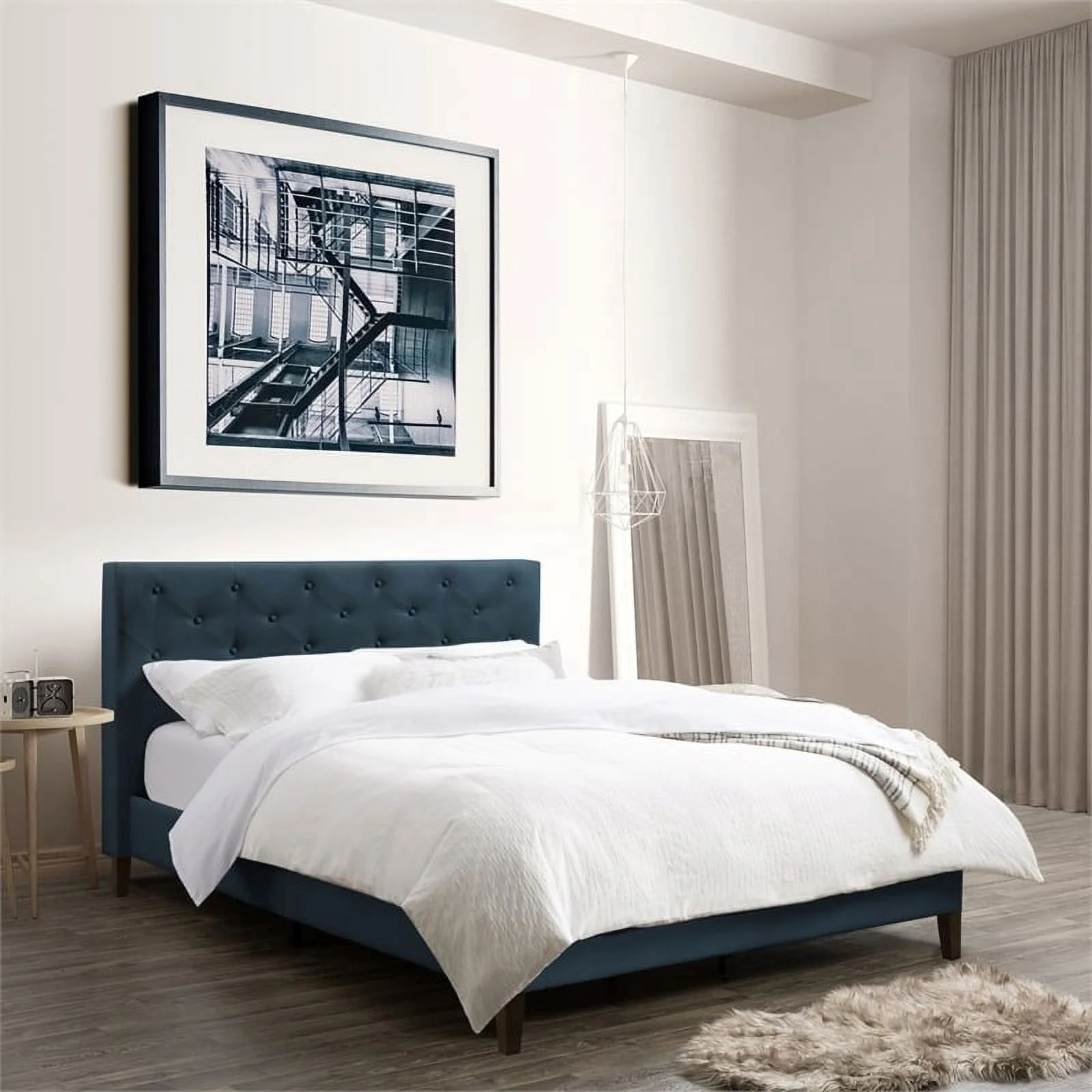 Atlin Designs Button-Tufted Modern Fabric Queen Bed in Ocean Blue