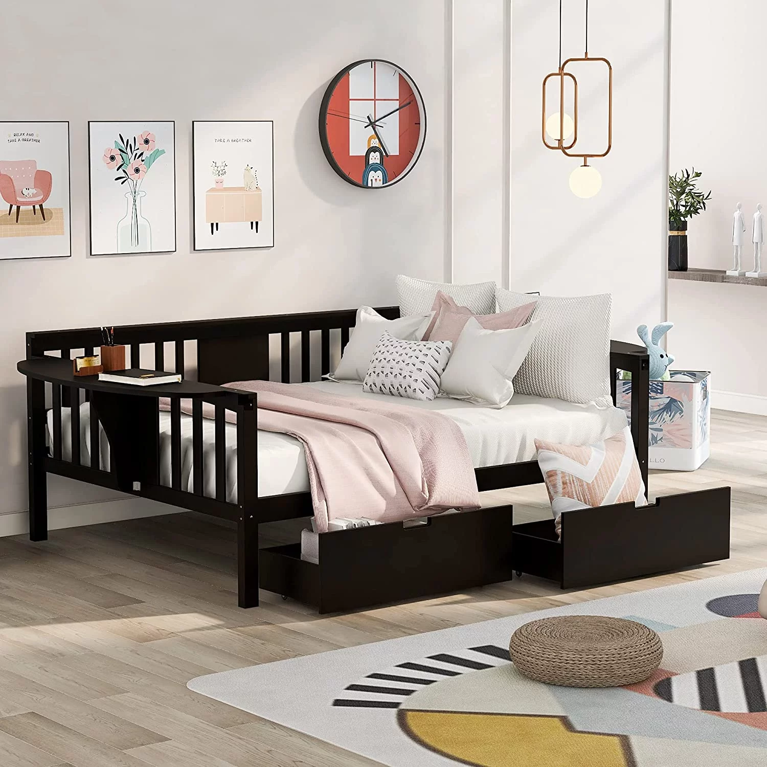 Full Size Solid Wood Daybed Full Size Bed Frame Mulifuncional Sofa Bed Wih wo Drawers For Bedroom Living Room,Espresso