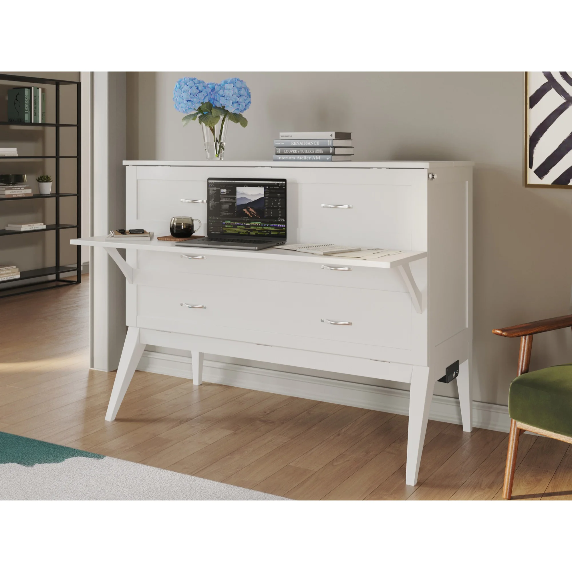 Northampton White Solid Wood Frame Full Size Murphy Bed Desk with Mattress