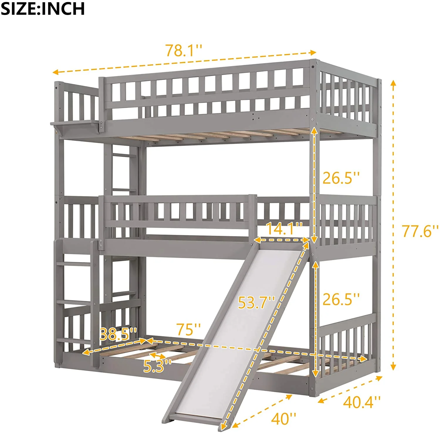 Triple Bunk Beds With Slide, 3 Bunk Beds -Over--Over-, Triple Bed With Built-In Ladder, Wood Triple Bunk Bed Frame For Kids, Teens, Adults ( , Gray)