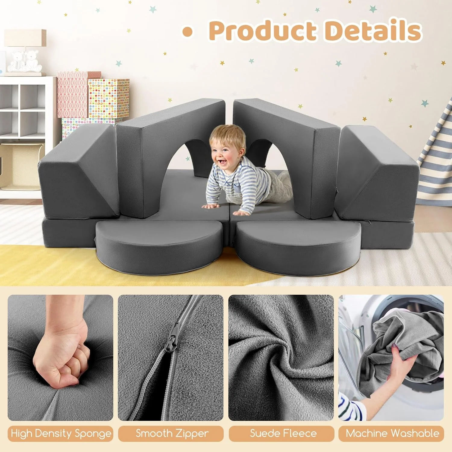 INFANS Mondular Kids Play Couch, 8PCS Toddler Sectional Sofa Building Fort for Playroom, Bedroom, Imaginative Convertible Floor Cushion, Foam Nugget Set for Boys and Girls (Grey)