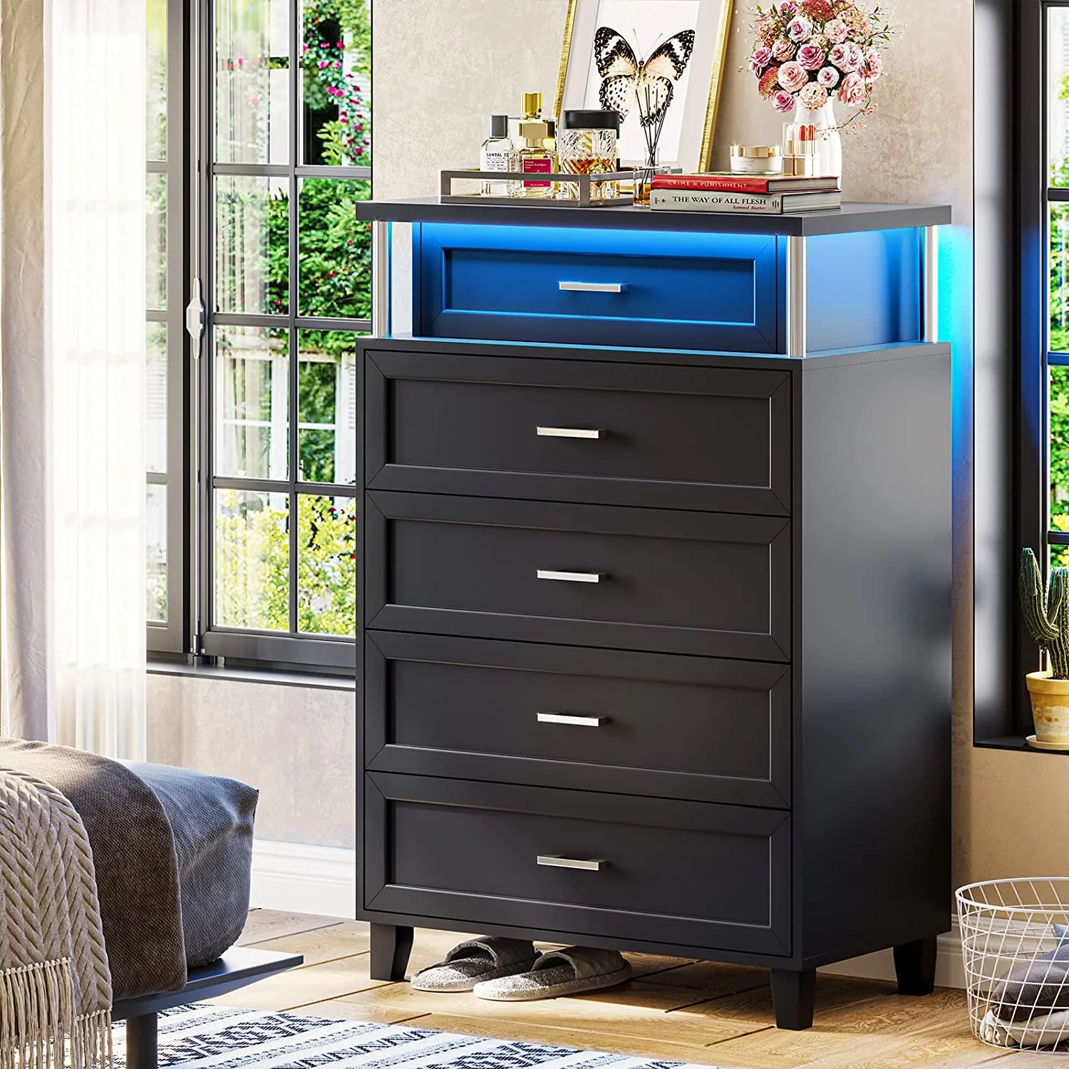 EPHEX LED Chest of Drawers, Tall Dresser for Bedroom with 5 Drawers, Wood Dresser for Bedroom, Black