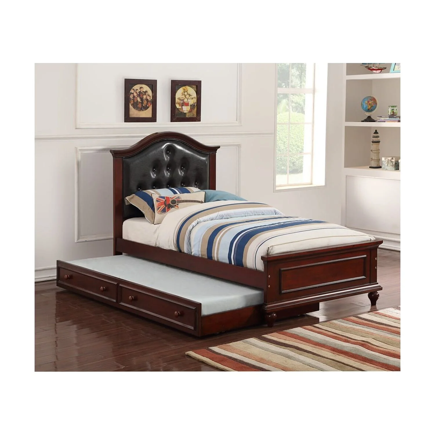 Benzara BM167275 Cherub Twin Size Bed with Trundle, Black/Cherry Brown