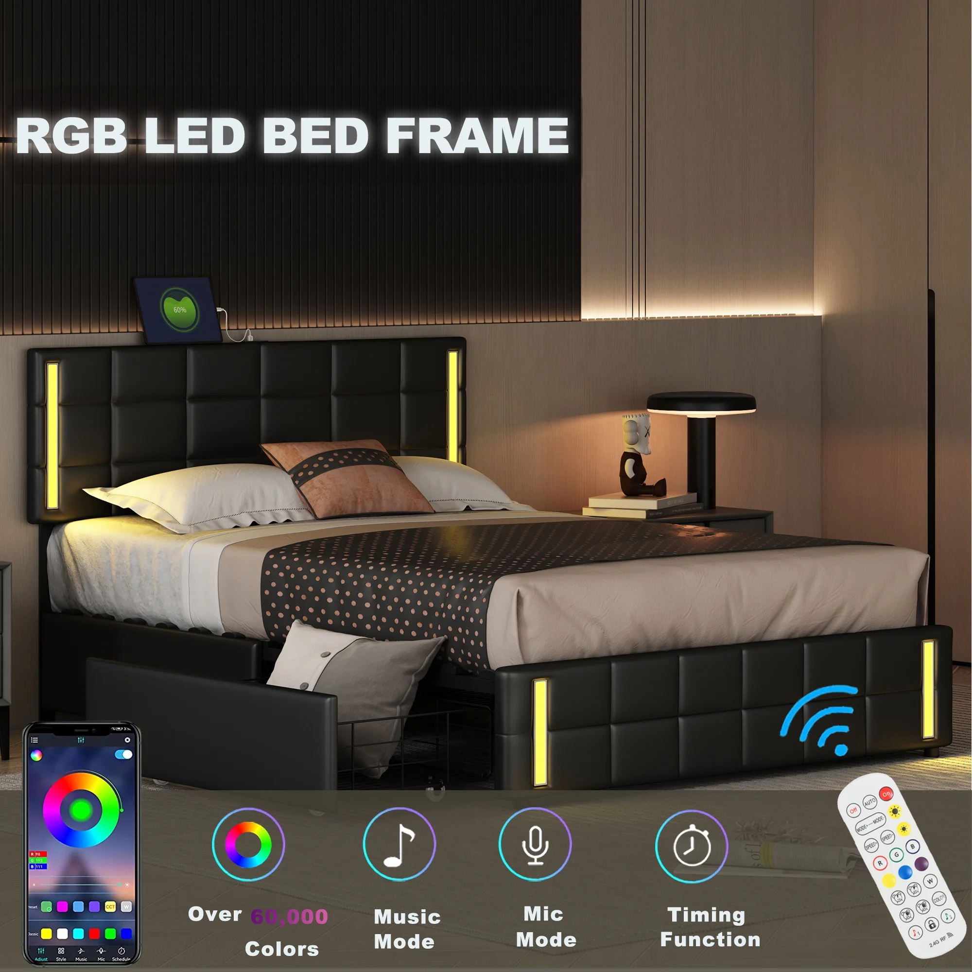 Bellemave Queen Size Upholstered Platform Bed with LED Lights and USB Charging,Storage Bed with 4 Iron Drawers,PU Upholstered Platform Bed(Black,PU)
