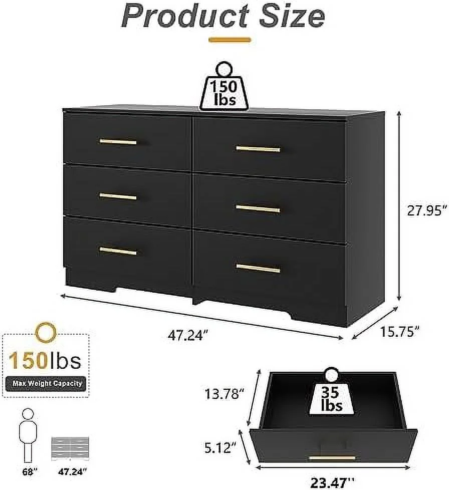 NLIBOOMLife Black Dresser for Bedroom 6 Drawer Dresser Chest of Drawers & Dresser Wide Wood Dresser TV Stand Dresser for Bedroom