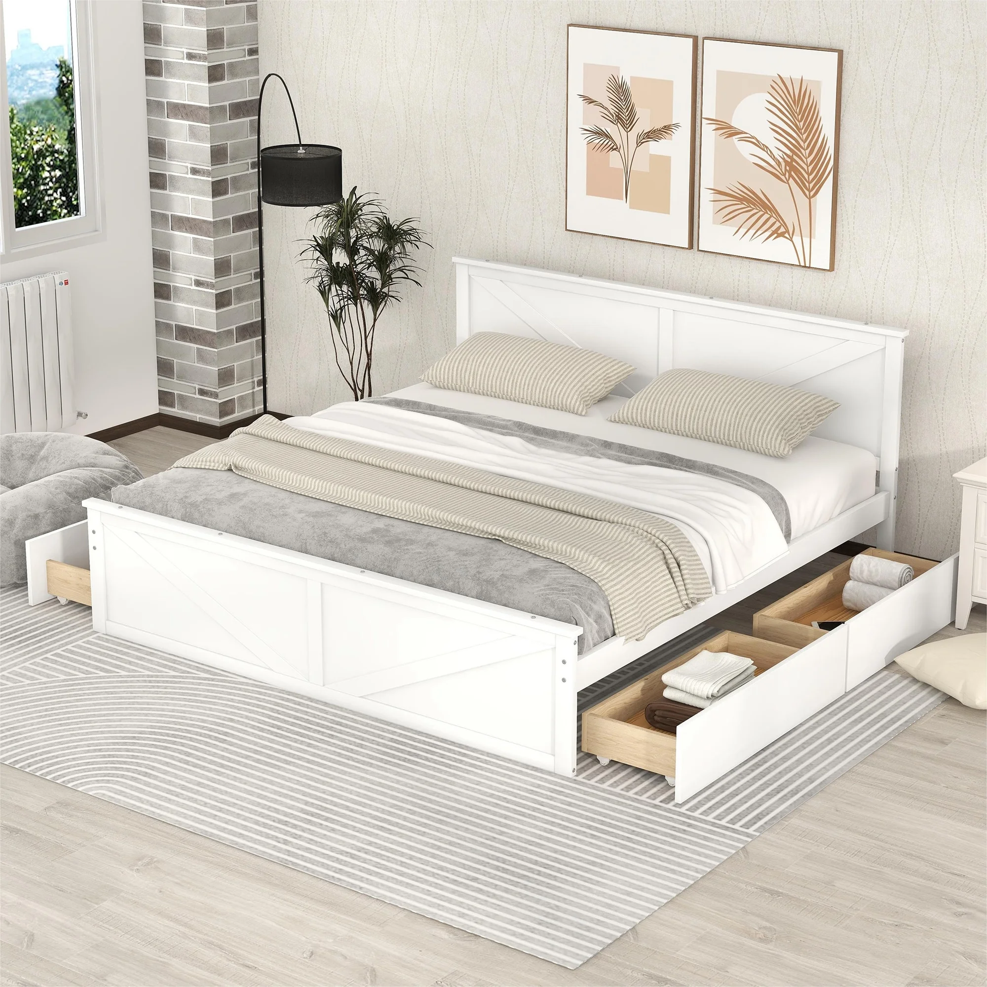 Wooden Platform Bed with 4 Storage Drawers and Support Legs White - King