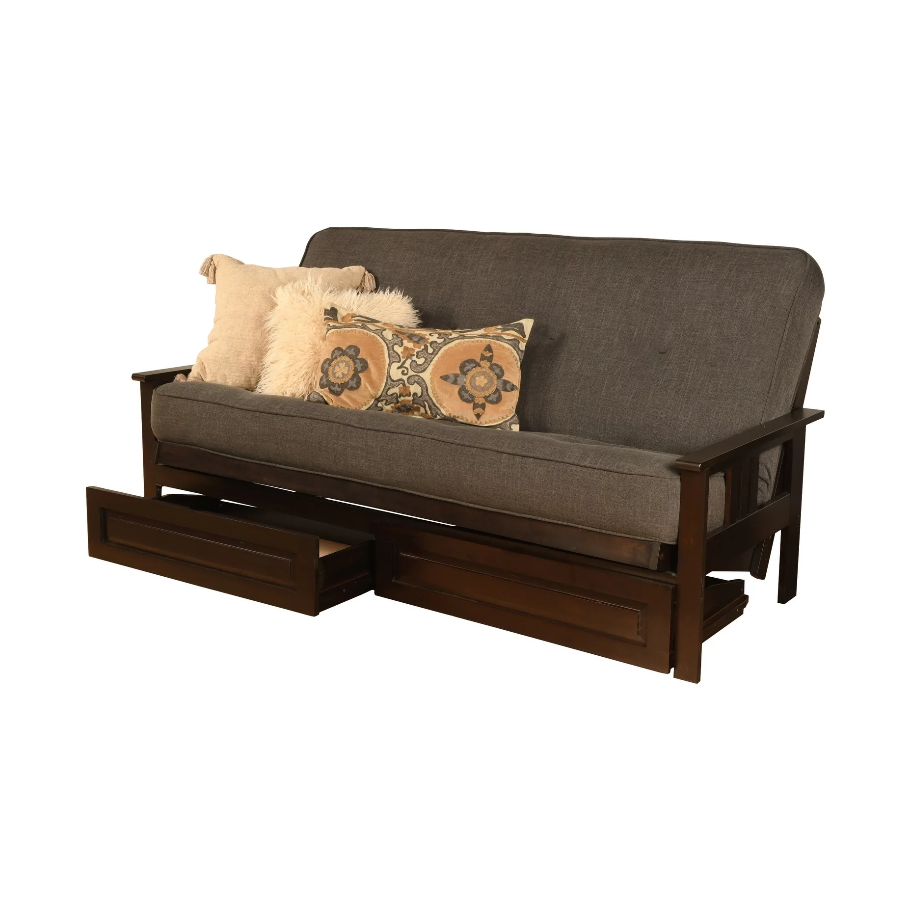 Kodiak  Monterey Espresso Futon Frame with Linen Charcoal Mattress & Storage Drawers - Full Size
