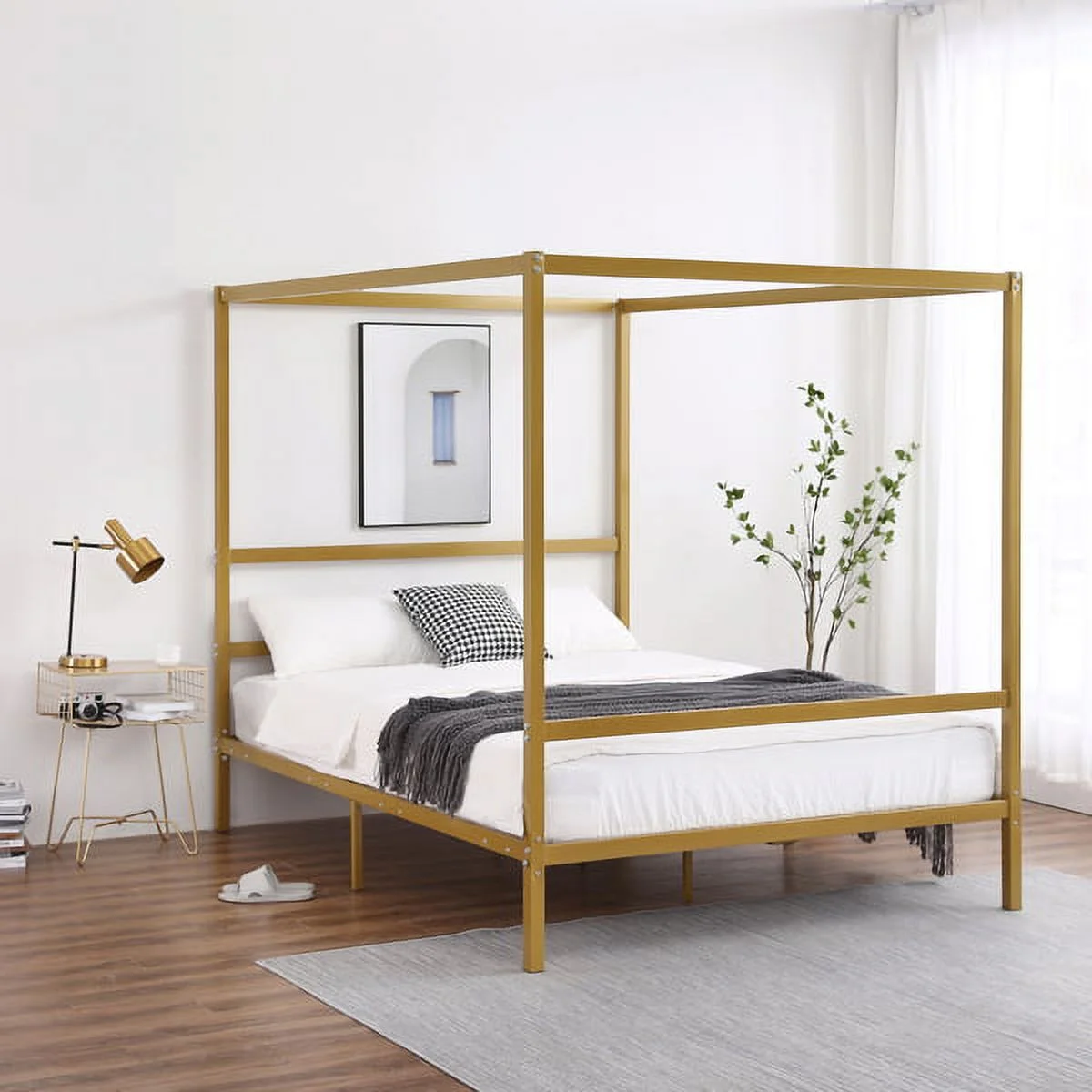 Fithood mosquitof Net Bed Simple Horizontal Strip Headboard Golden Full