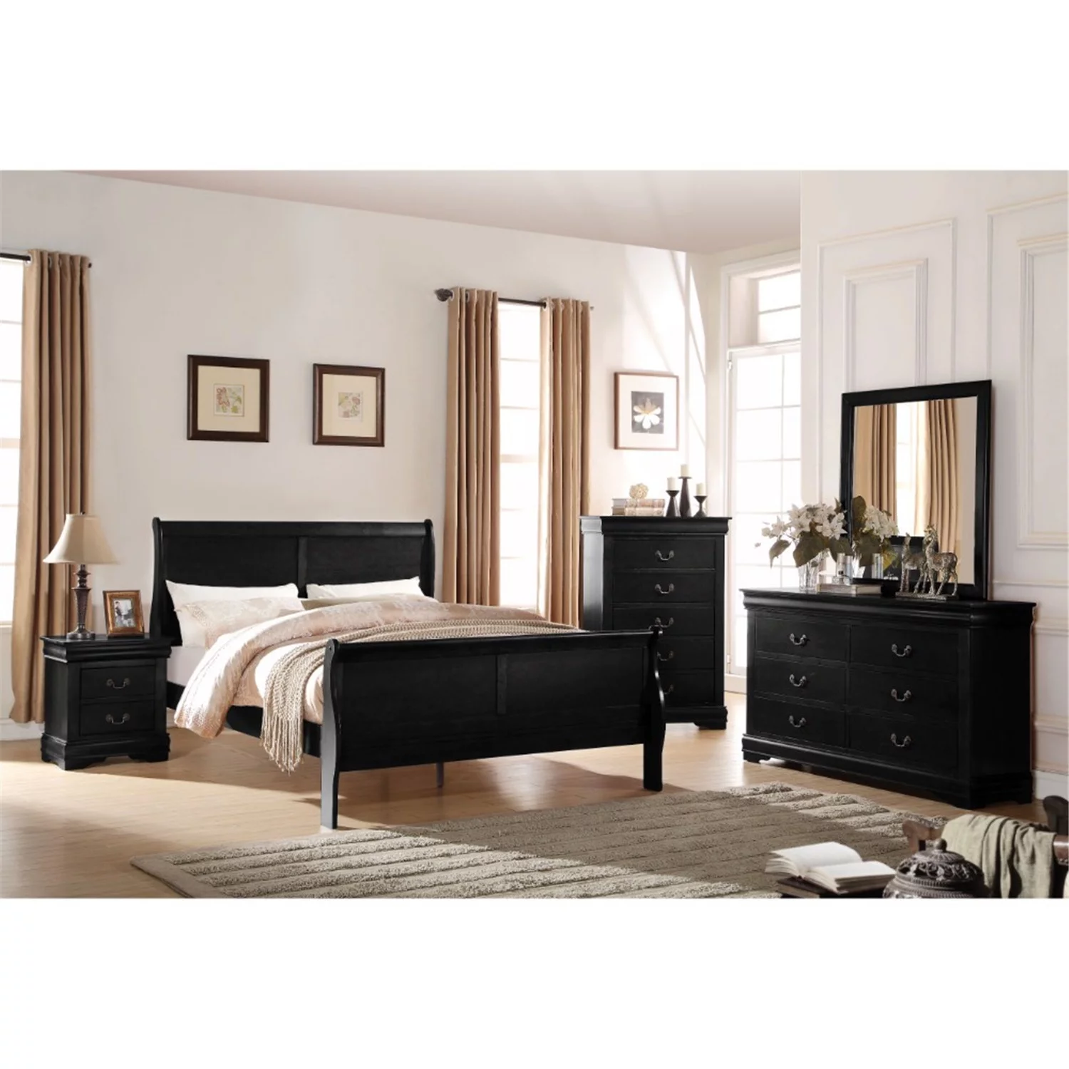 Elegant Modern Style Queen Size Sleigh Bed, Black