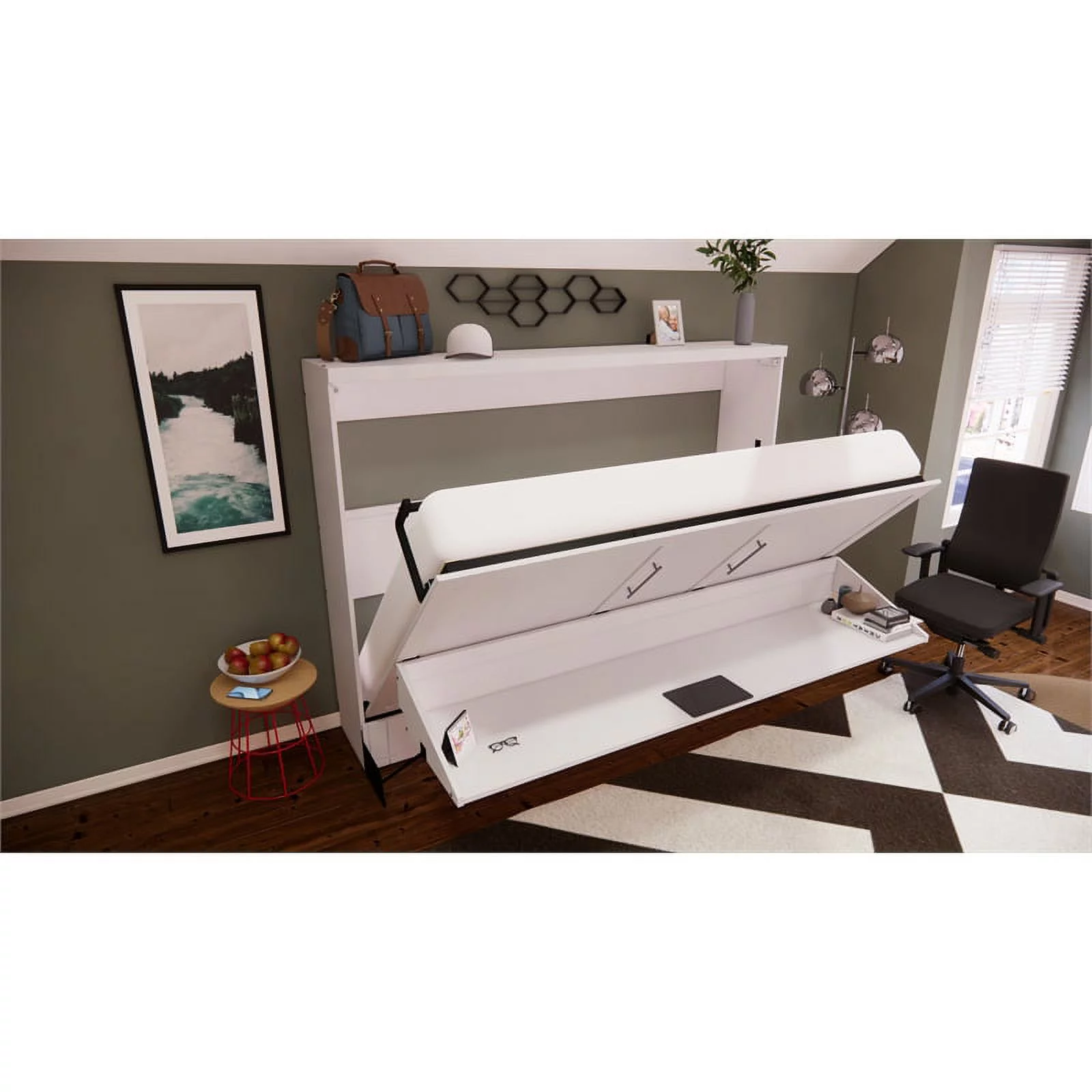 RoomAndLoft Brentwood Lateral Queen Solid Wood Murphy Wall Desk Bed in White