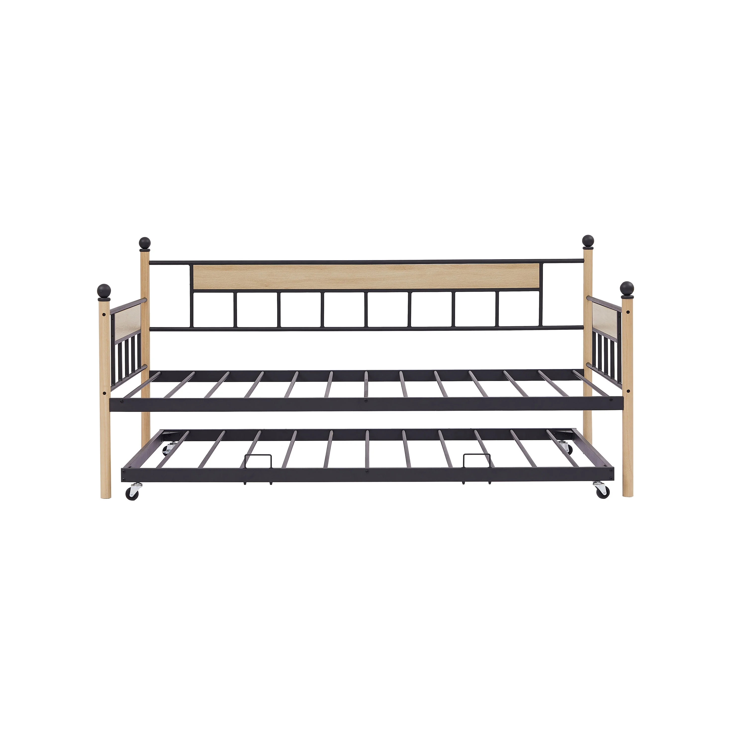 Minimalist Farmhouse Style Twin Size Daybed with a Trundle Bed, Natural+Black