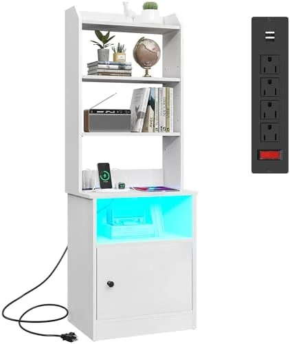 GEROBOOM Nightstand with Charging Staion & LED Light Bedside Table with Bookshelves and Cabinet for Living Room Bedroom Home Office (Oak Gray)