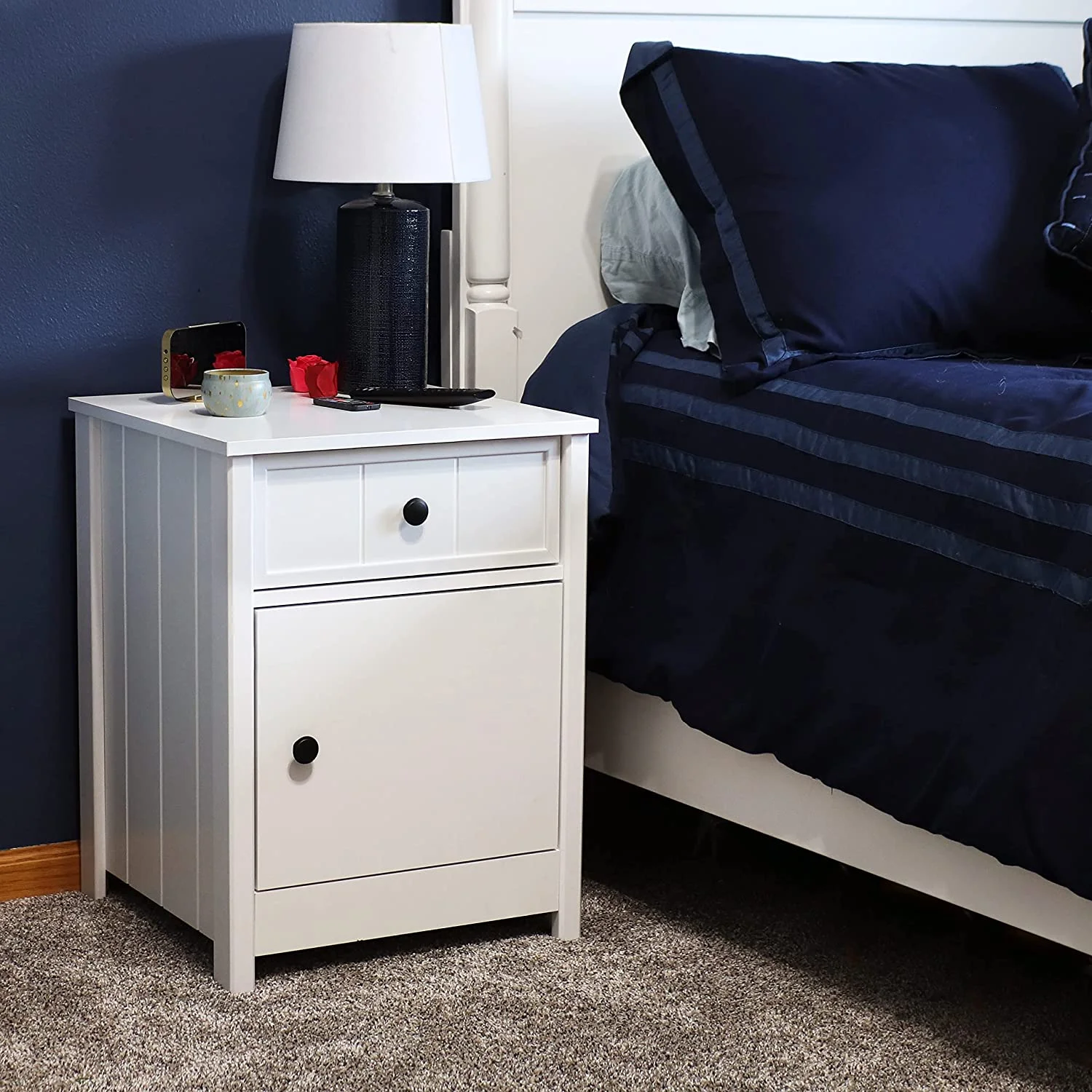 TJUNBOLIFE 23.75-Inch H Beadboard Nightstand with Drawer and Cabinet - End Table for Bedroom or Living Room - White