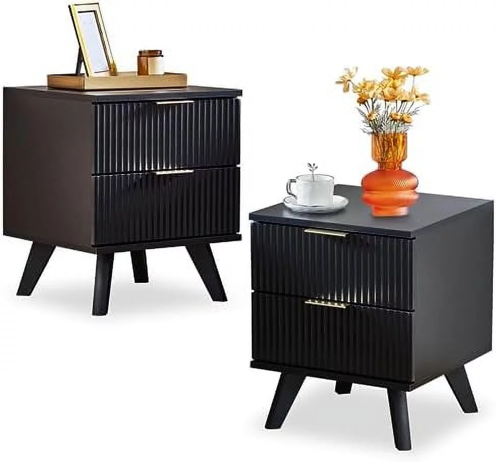 Mid Century Nightstand 2 Drawer Dresser for Bedroom Small Dresser Night Stand Side Table End Table with Wood Fluted Drawer for Bedroom Closet(Black)