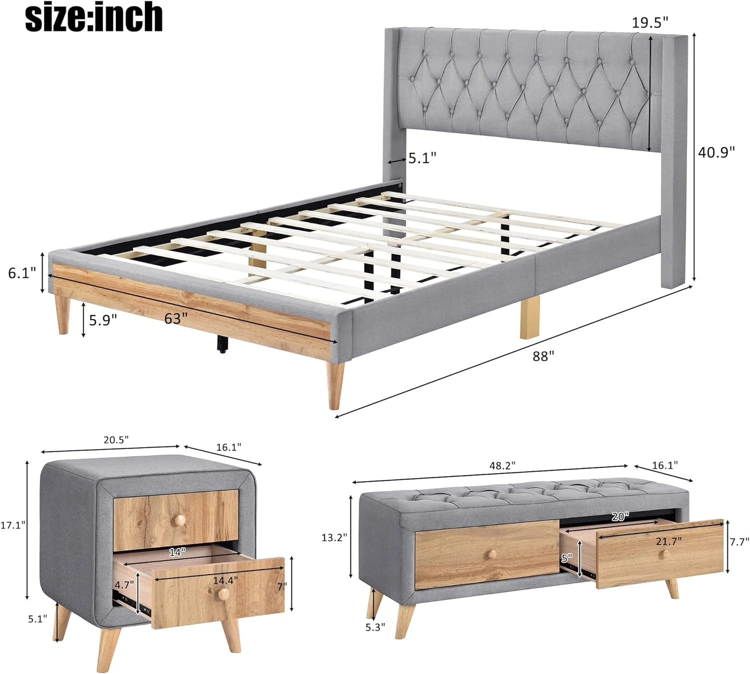 Bedroom Sets Queen Size Upholstered Platform Bed With Two Nightstands And Storage Bench, 4-Pieces Bedroom Sets For Teens Adults (Linen Gray)
