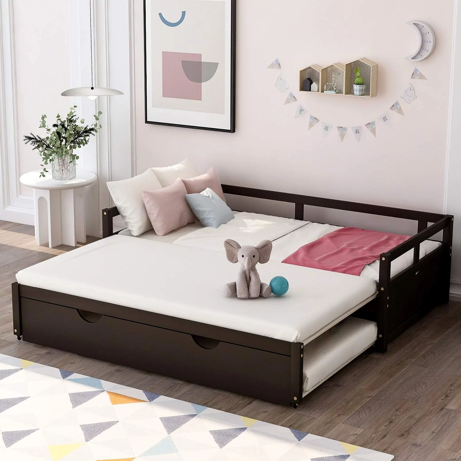 Extendable Daybed With Trundle Beds, Wood Daybed Frame With Pull Out Trundle, To King Design Extending Daybed For Kids Girls Boys Teens Adults, No Box Spring Required, Espresso