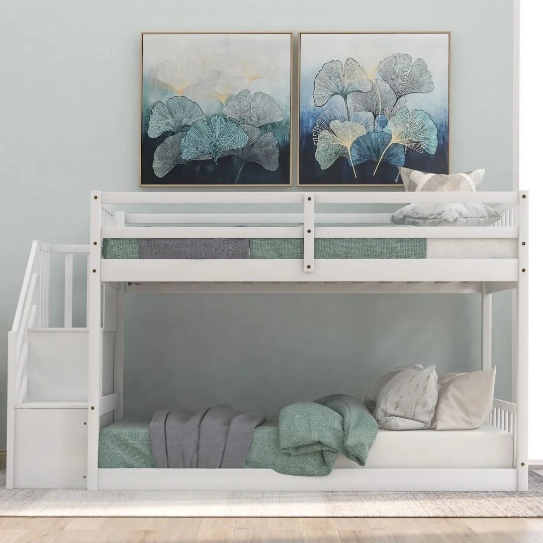 White Twin over Twin Floor Bunk Bed Ladder with Storage