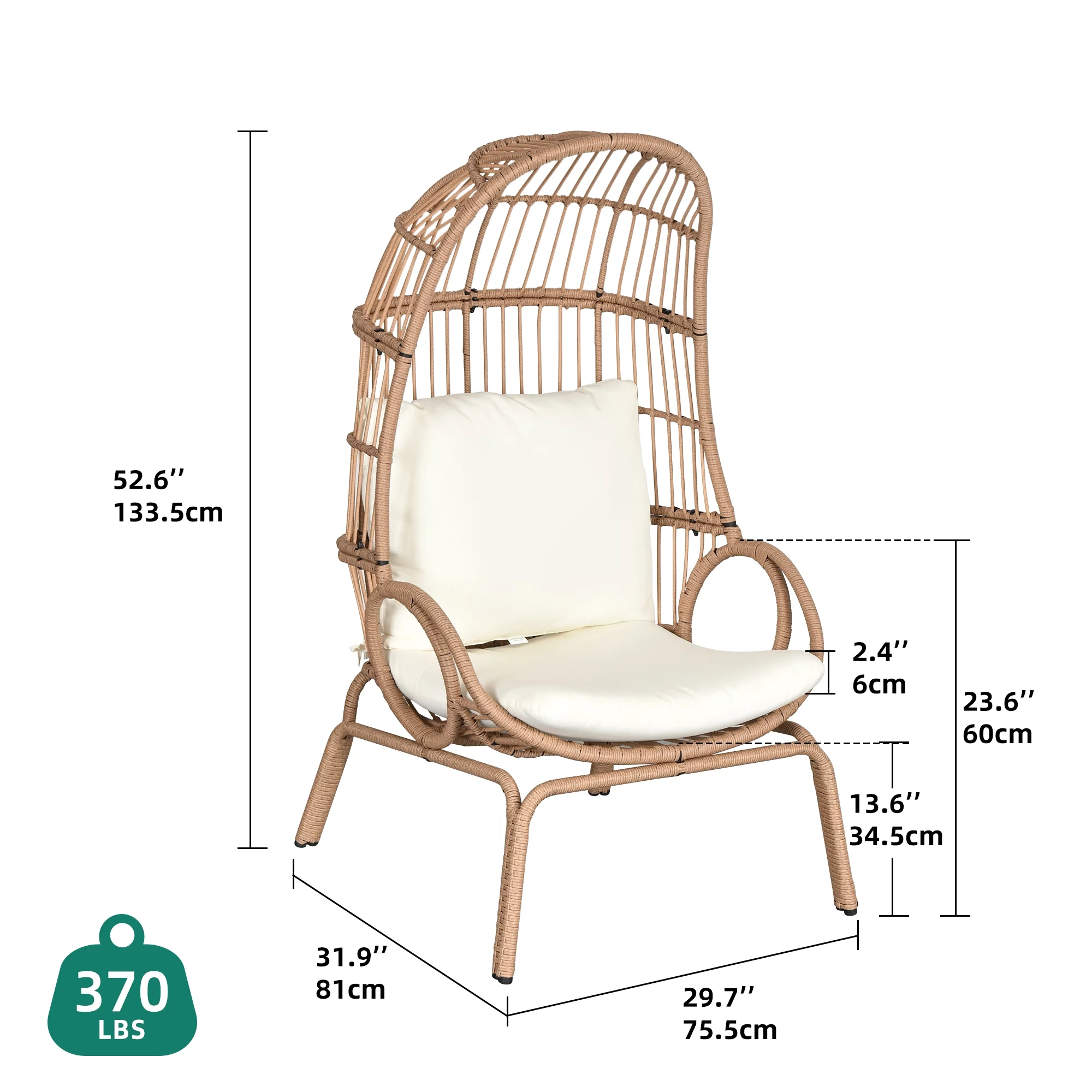 Dextrus Wicker Egg Chair Oversized Indoor Outdoor Patio Lounger w/ Steel Frame, Basket Chair for Bedroom,Living room,Patio, 370lb Capacity - Beige