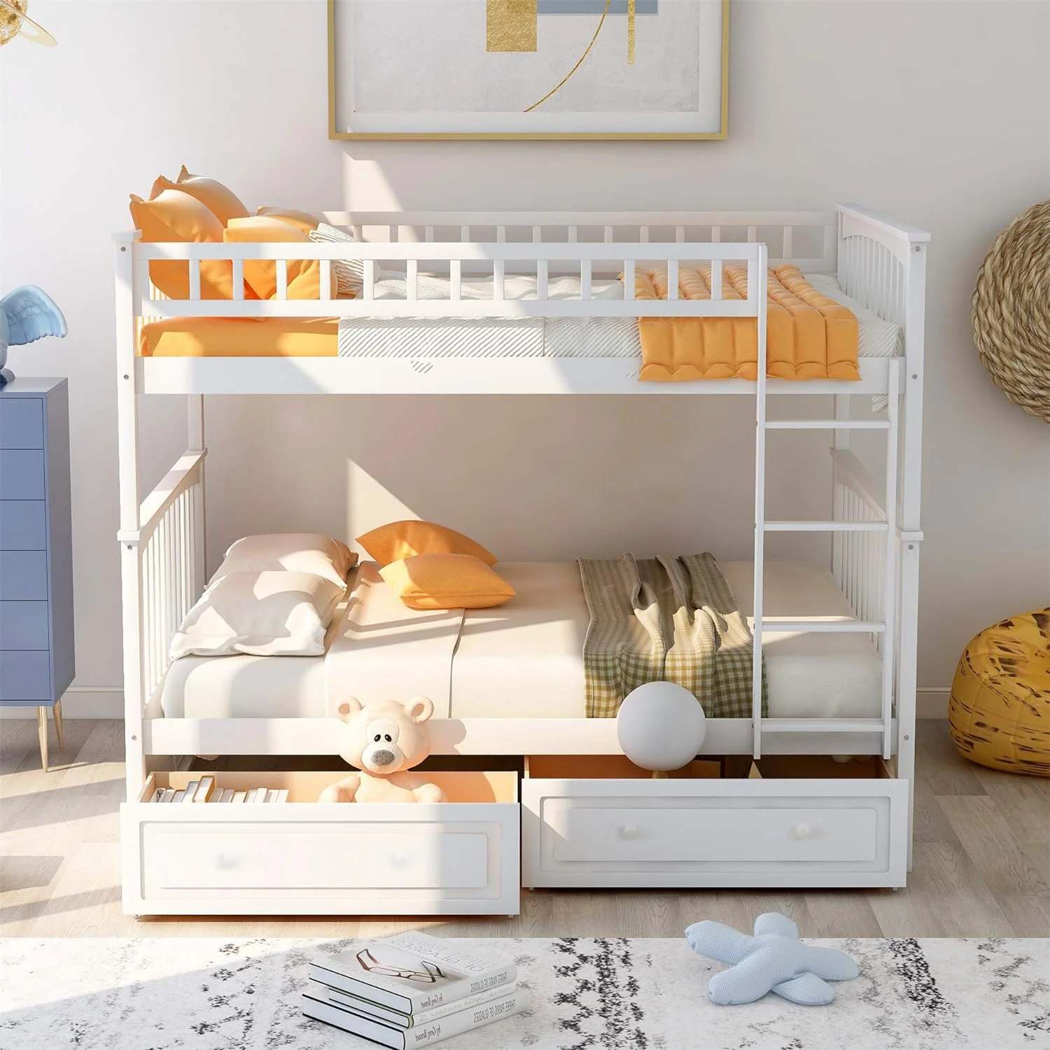 Full Over Full Buk Bed With Drawers, Woode Buk Bed Frame, White