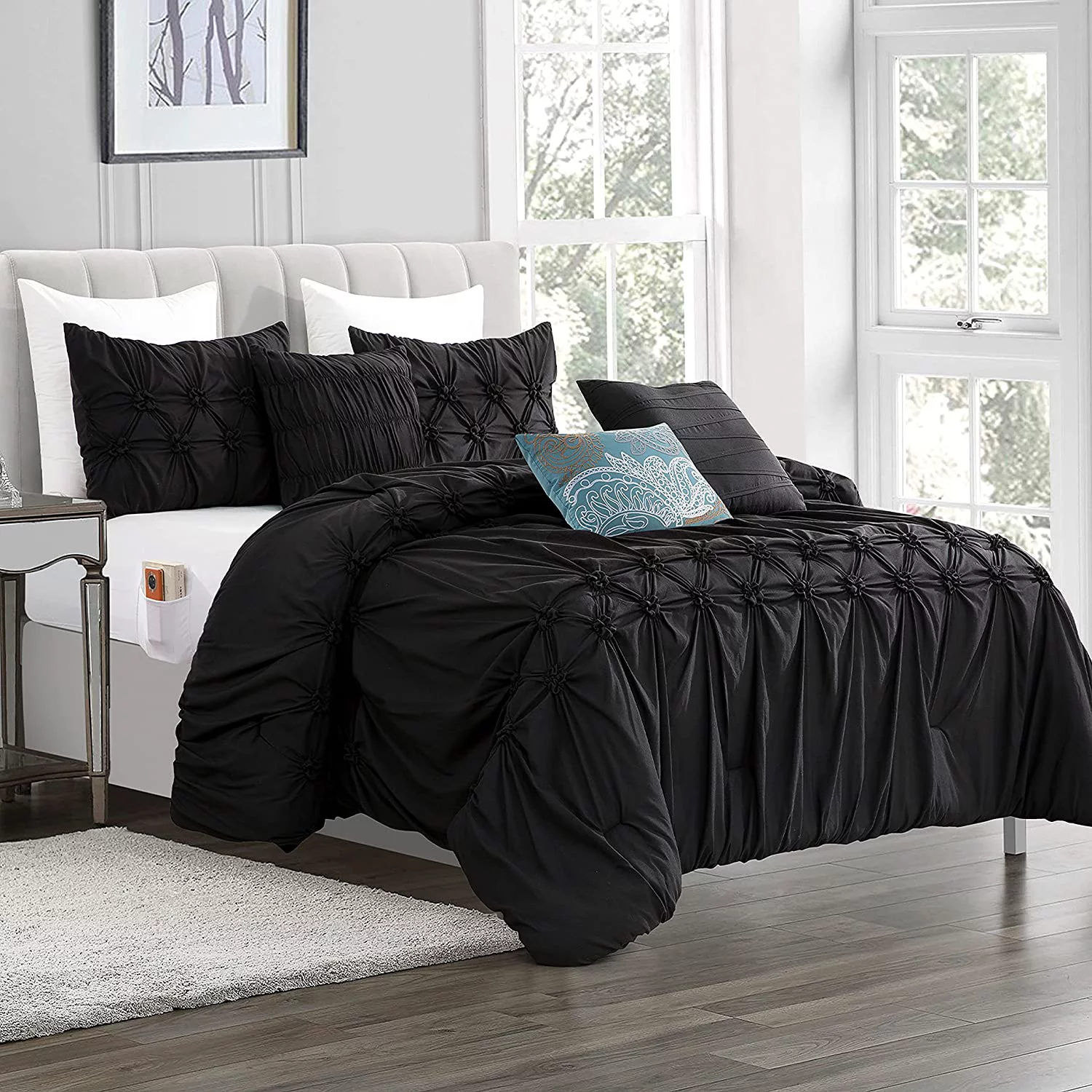 Mocassi 12-Piece Comforter Set, Ella Bedding Collection includes 6-Piece Smart Sheet Set, Matching Shams & Decorative Pillows, King/California King, Black