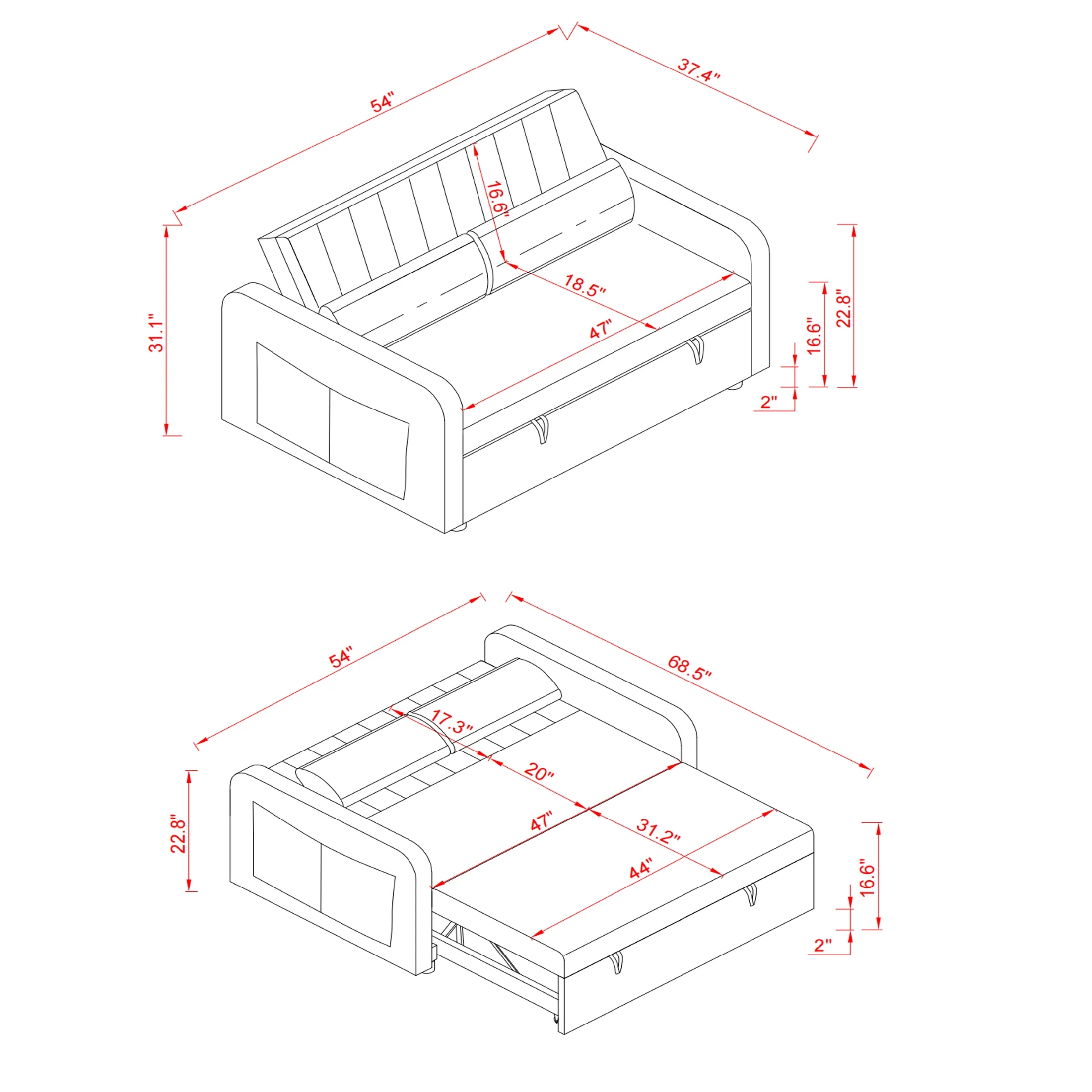 Noodeniya Convertible Sleeper Pull Out Sofa Bed with 2 Large Side Pockets, Loveseat Sofa Couch, Adjustable Backrest for Office, Modern Sofa Bed for Home Small Space Living Room, Dark Grey