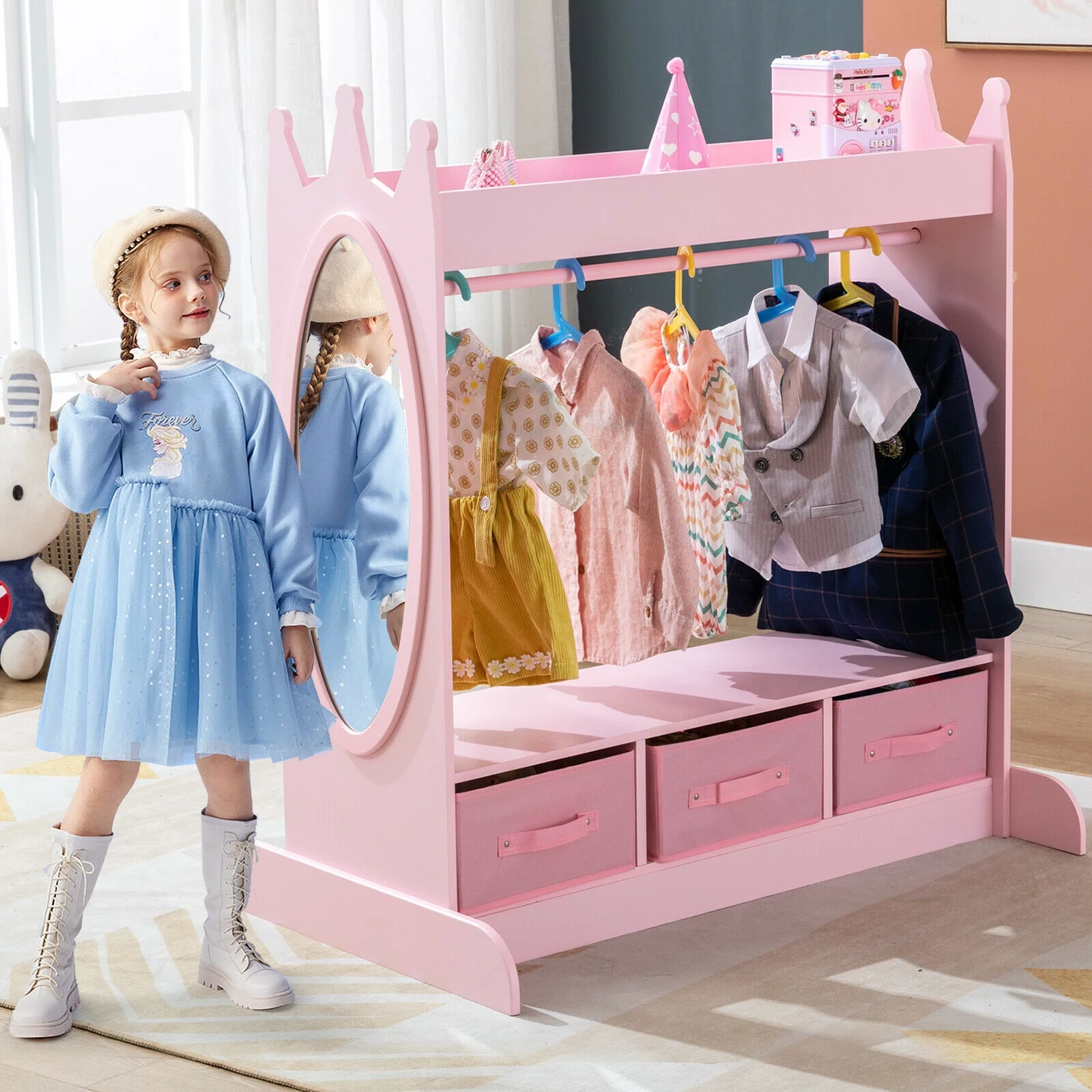 JOYLDIAS Kid Armoire Lovely Pink Dress Up Closet Girl Corner Bedroom Wardrobe with Mirror, Side Pocket Top Storage, 3 Drawers