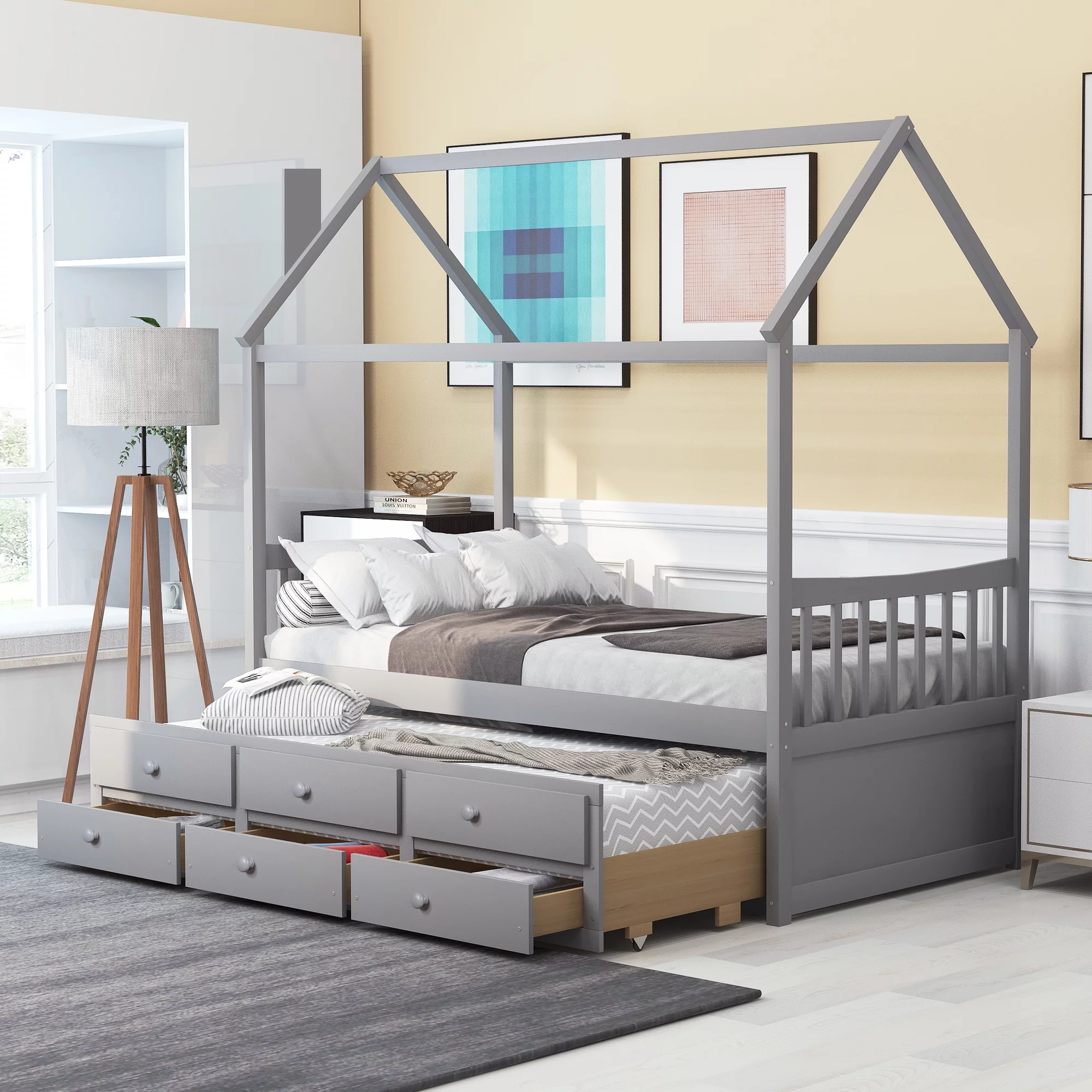 Penck Twin size Wooden House Bed with Trundle and 3 Storage Drawers-Gray