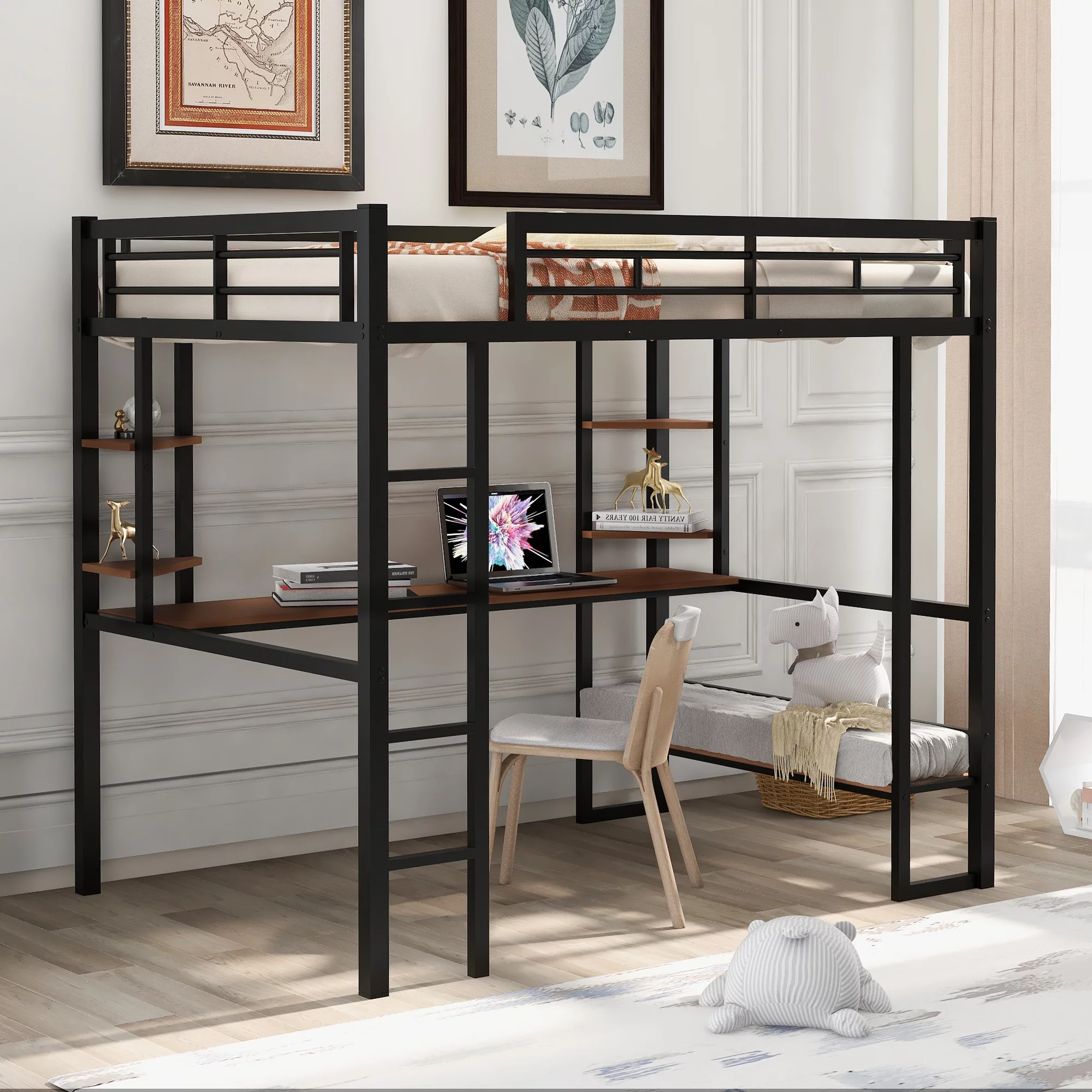 paproos Loft Bed Full, Metal Loft Bed Frame with Long Desk and Storage Shelves, No Box Spring Needed, Full Size Loft Bed with Safety Guardrail and Ladder for Kids, Boys, Girls, Teens, Adults, Black