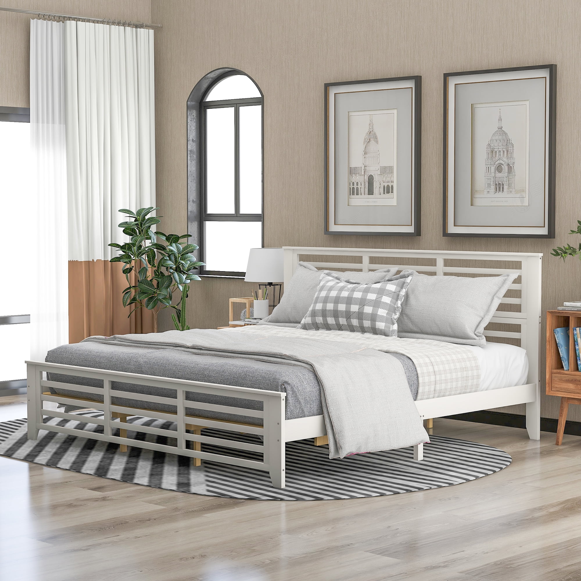 Nestfair White King Platform Bed with Horizontal Strip Hollow Shape