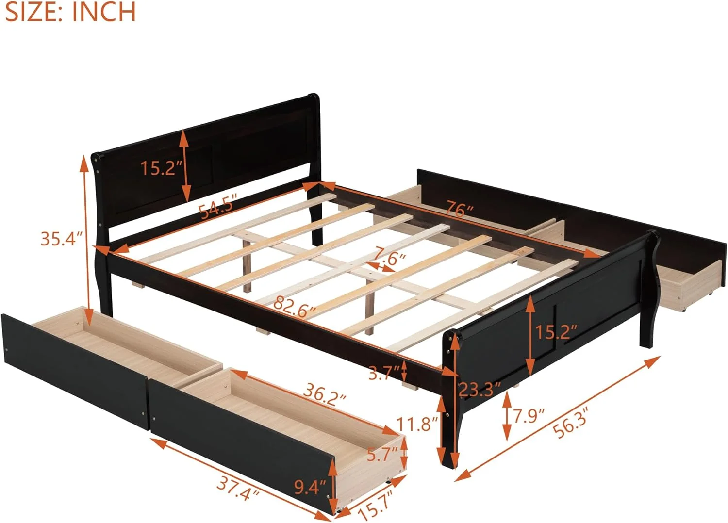Wood Platform Bed, Full Size Platform Bed With 4 Storage Drawers, Platform Bed With Head Ad Footboard, Espresso