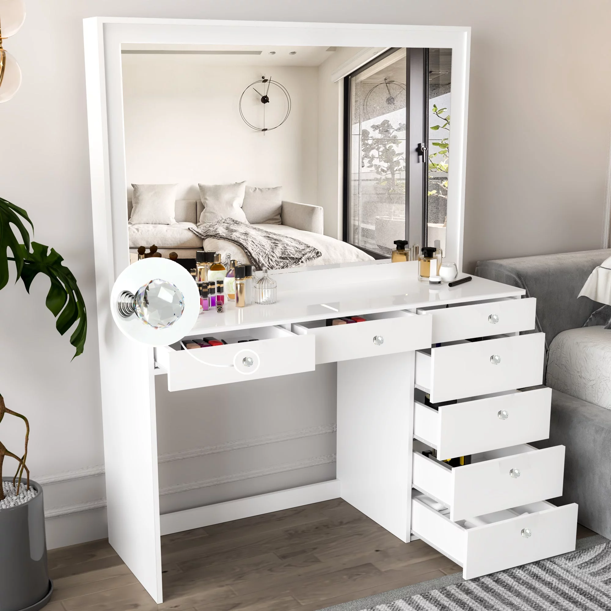 Boahaus Modern White Painted Makeup Vanity Table with Crystal Ball Knobs for Bedroom