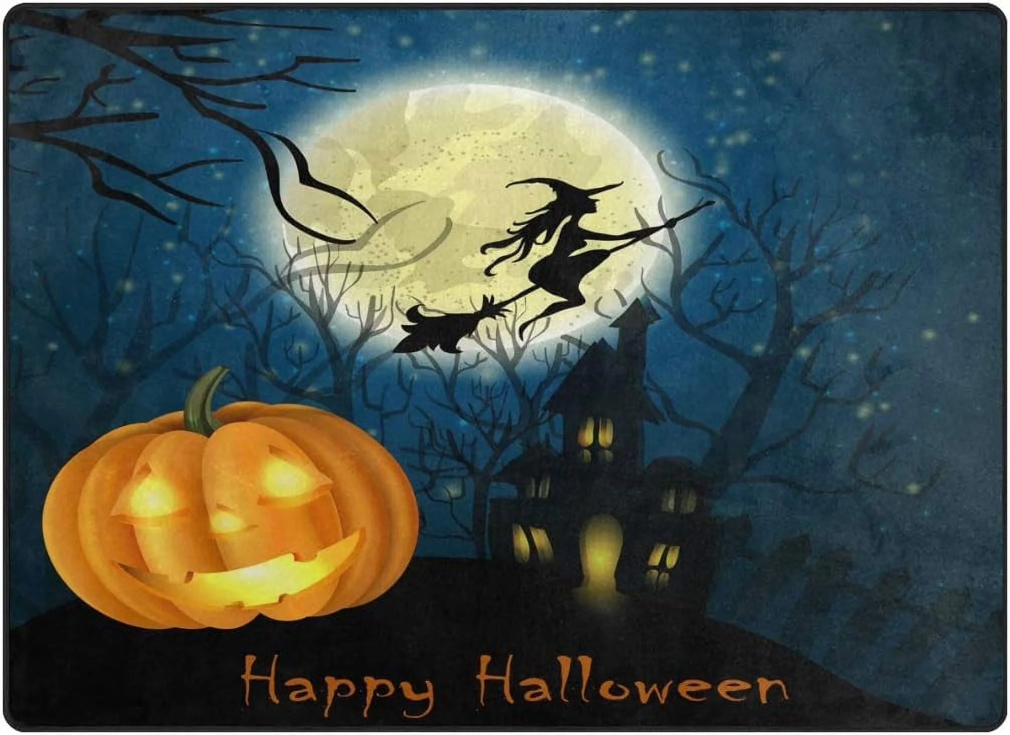 FREEAM Halloween Witch Pumpkin Full Moon House Area Rug Mat for Living Dining Dorm Room Bedroom Home Decorative 7' x 5'