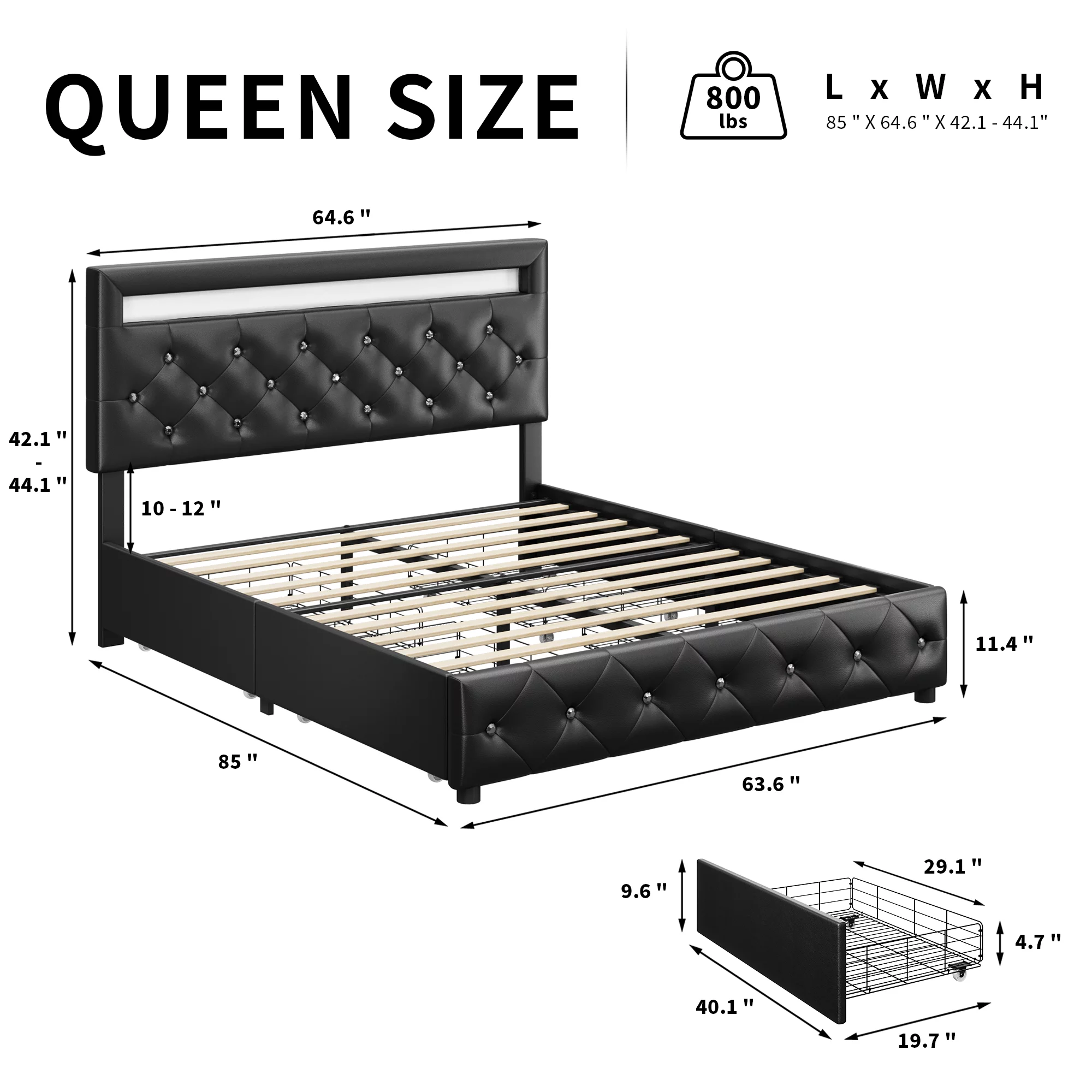 Homfa Queen LED Bed Frame with 4 Storage Drawer, Upholstered Platform Bed with Adjustable Crystal Button Tufted Headboard, Black