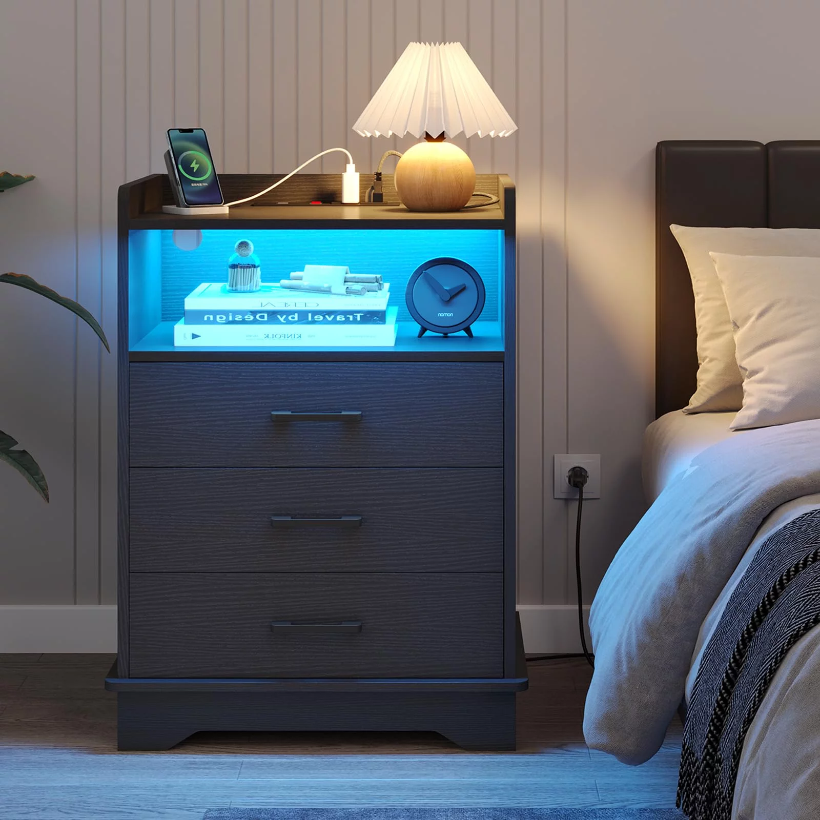 Tall Night stands with Drawers and Open Storage,LED Nightstand with Charging Station,End Side Table with USB Ports, Bedside Table for Bedroom, Black