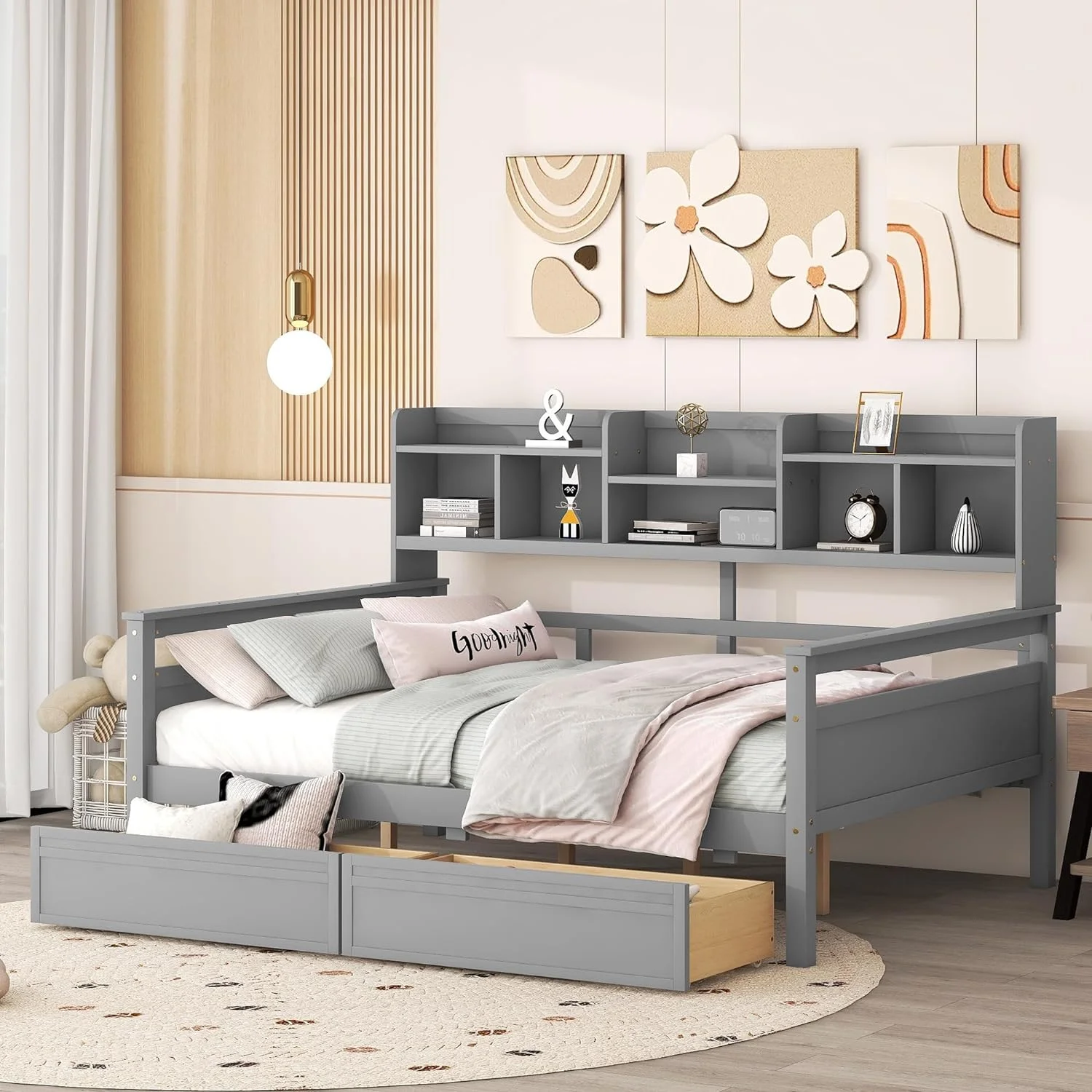 Full Size Daybed Wih Bookcase Ad Drawers, Wood Daybed Wih Sorage Headboard, Full Daybed Frame Wih Slas Suppor For Kids ees Aduls, Grey