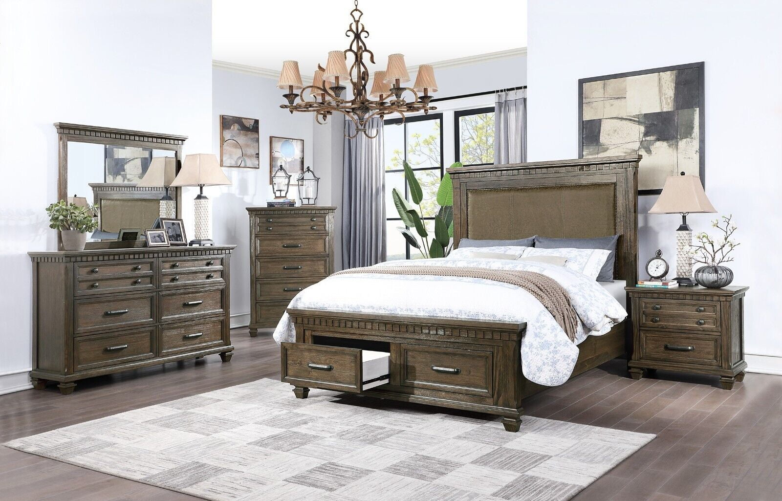 Upholstered Fabric Headboard Wooden Bedroom Furniture Traditional Queen Size Bed 6pc Set Dresser Mirror Nightstands Chest